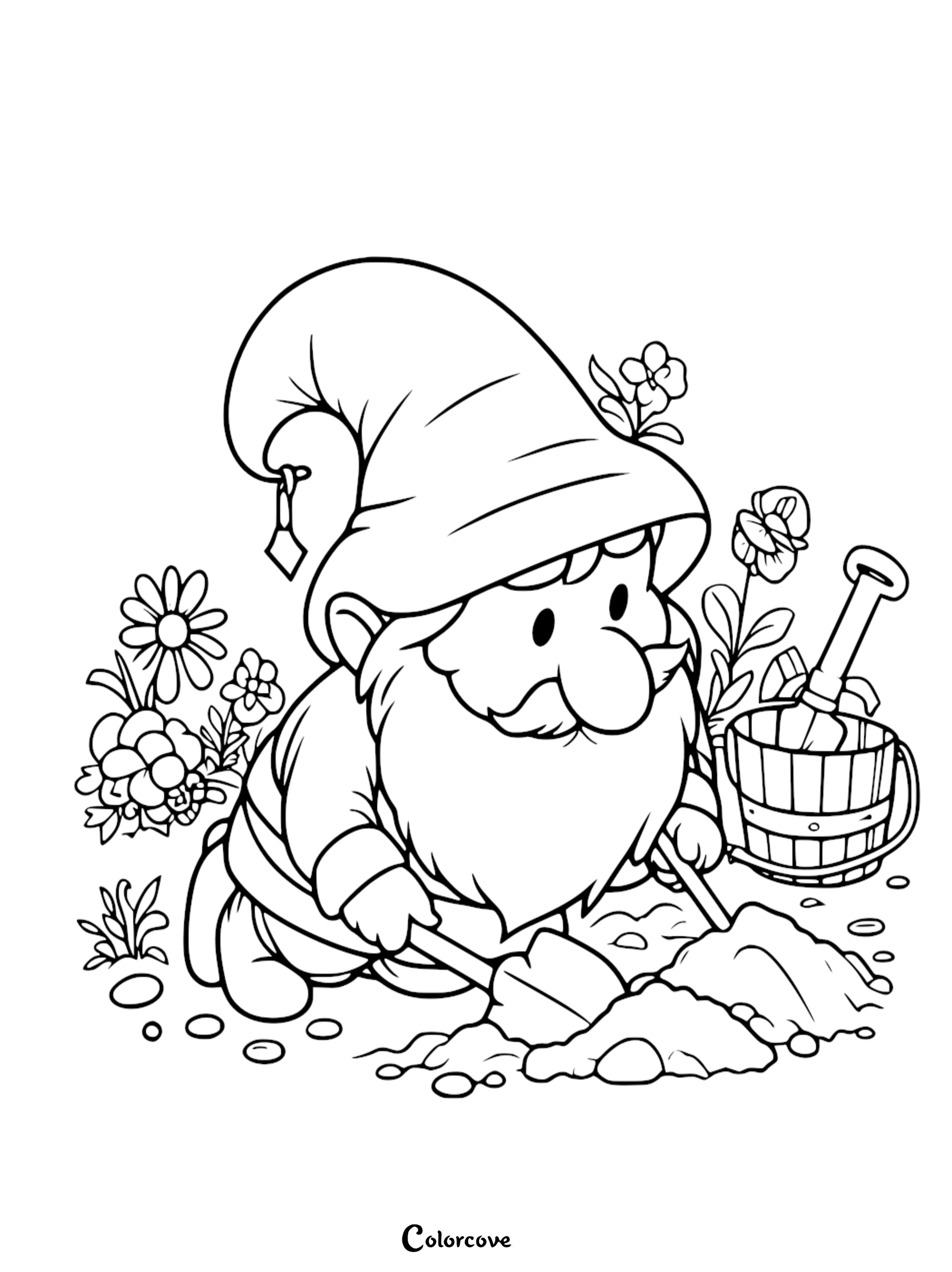 Gnome Coloring Page: Adorable garden gnome with shovel and flowers | Free printable coloring sheet for kids and adults.