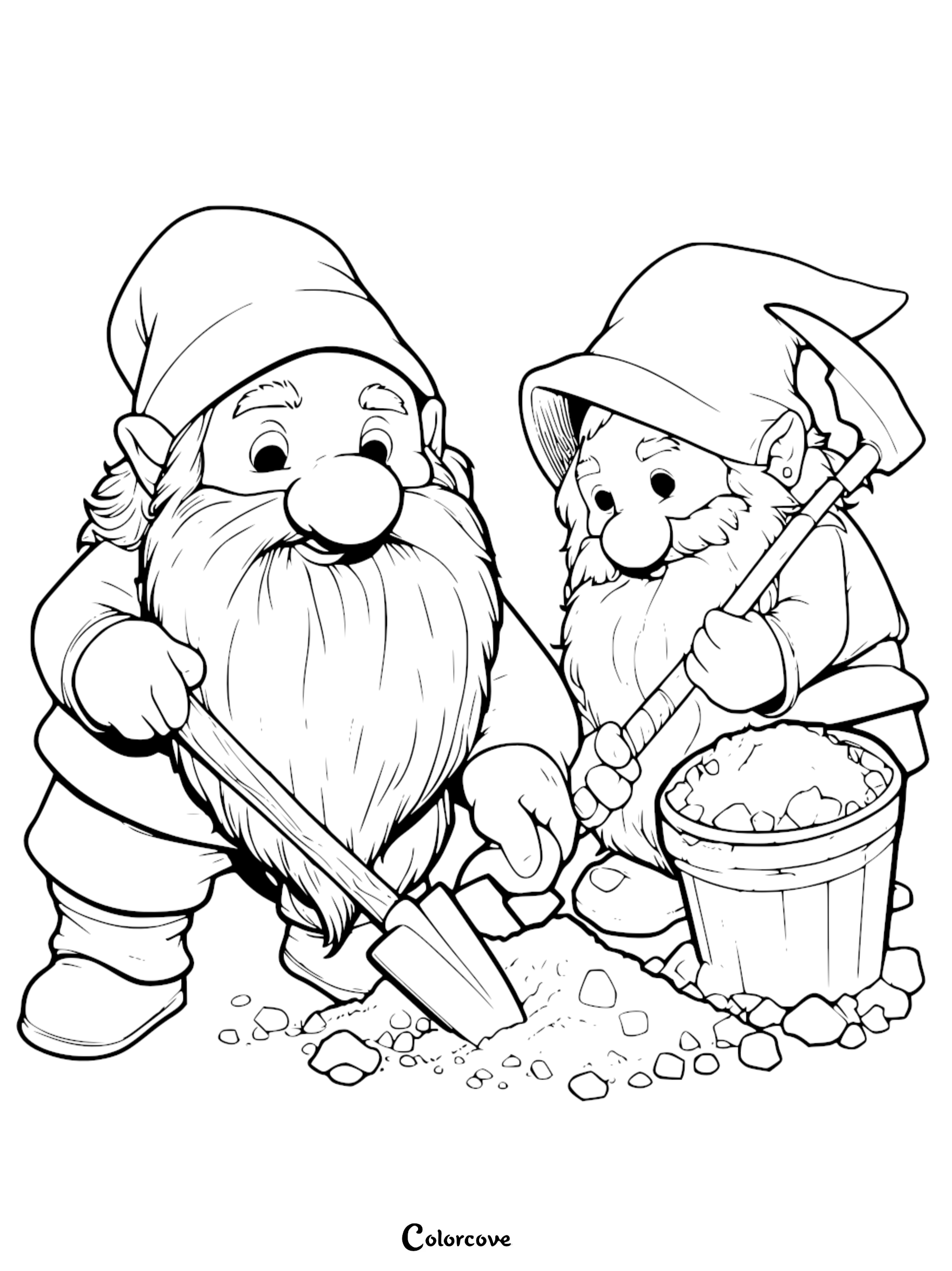 Two gnomes digging and collecting stones in a bucket, coloring page for kids from Color Cove.