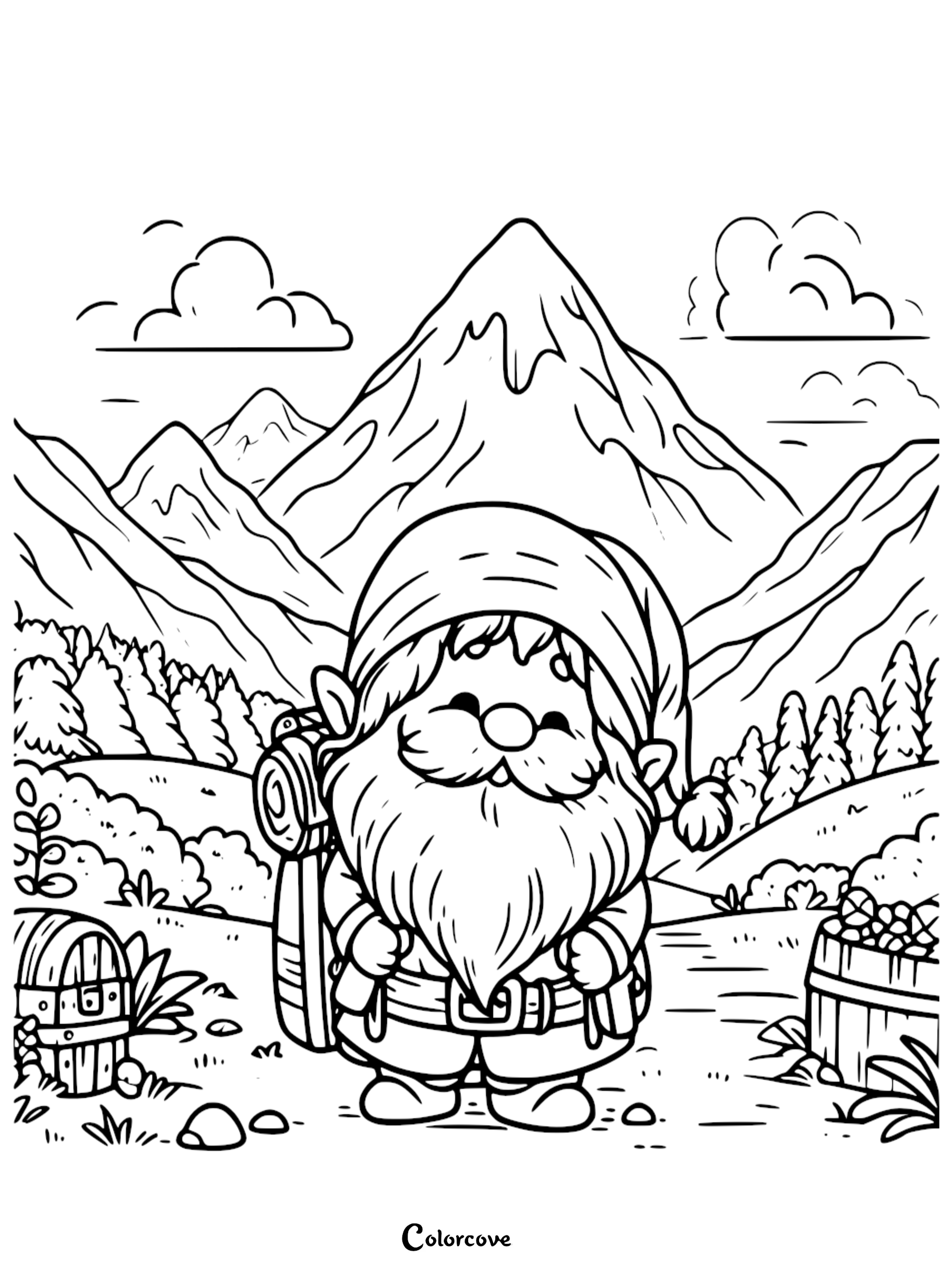 Gnome coloring page featuring a bearded gnome with a backpack in a mountain landscape with trees and a treasure chest.