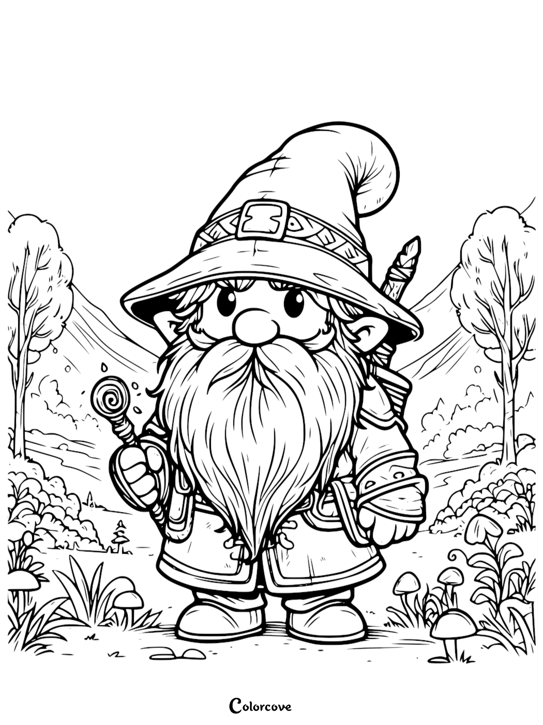 Coloring page of a whimsical gnome wizard holding a staff, surrounded by a fantasy forest with trees, plants, and mushrooms.