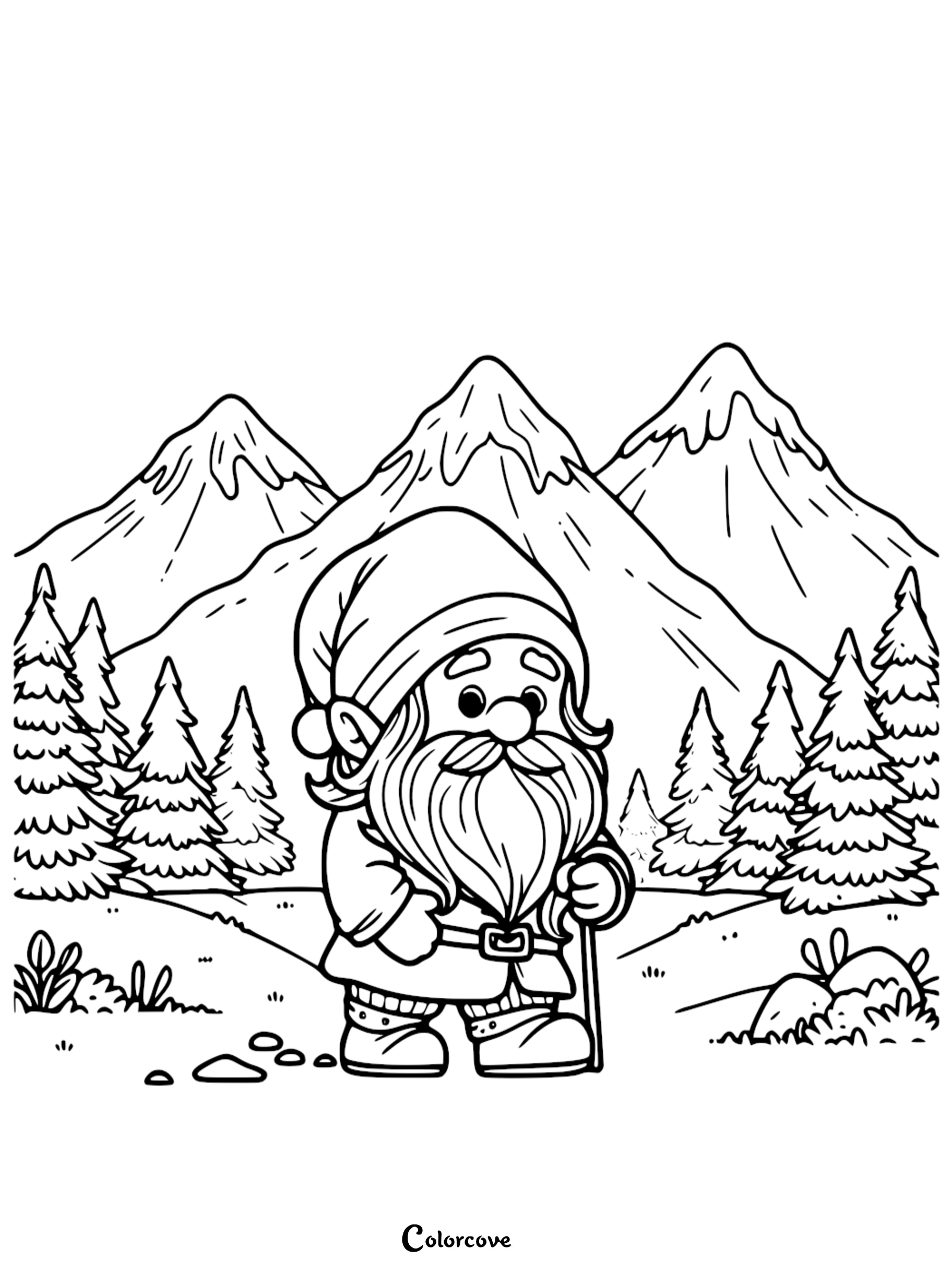 Cute gnome with a walking stick in a forest with mountains in the background, coloring page by Color Cove.