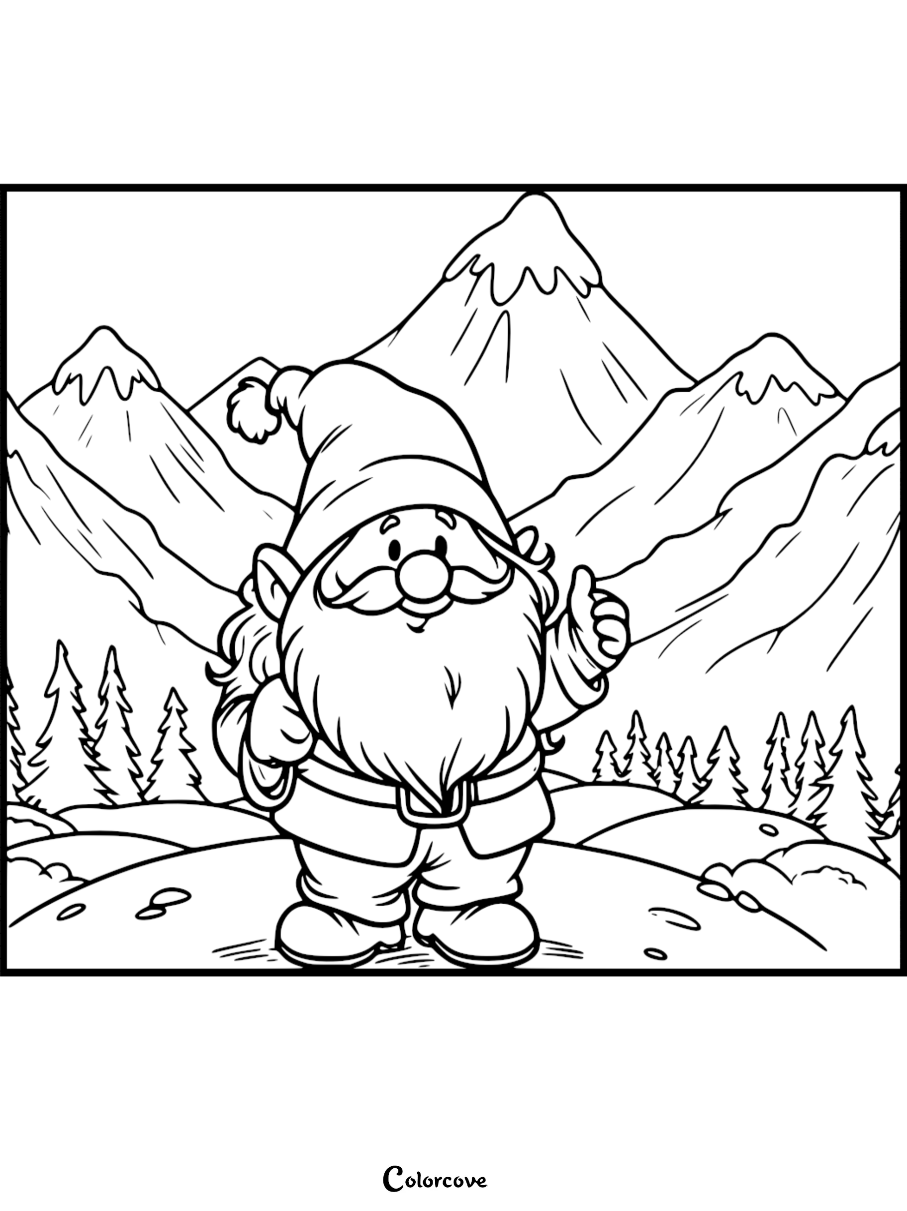 Gnome coloring page in a mountainous landscape with pine trees. Fun activity for kids. Colorcove.org logo at bottom.