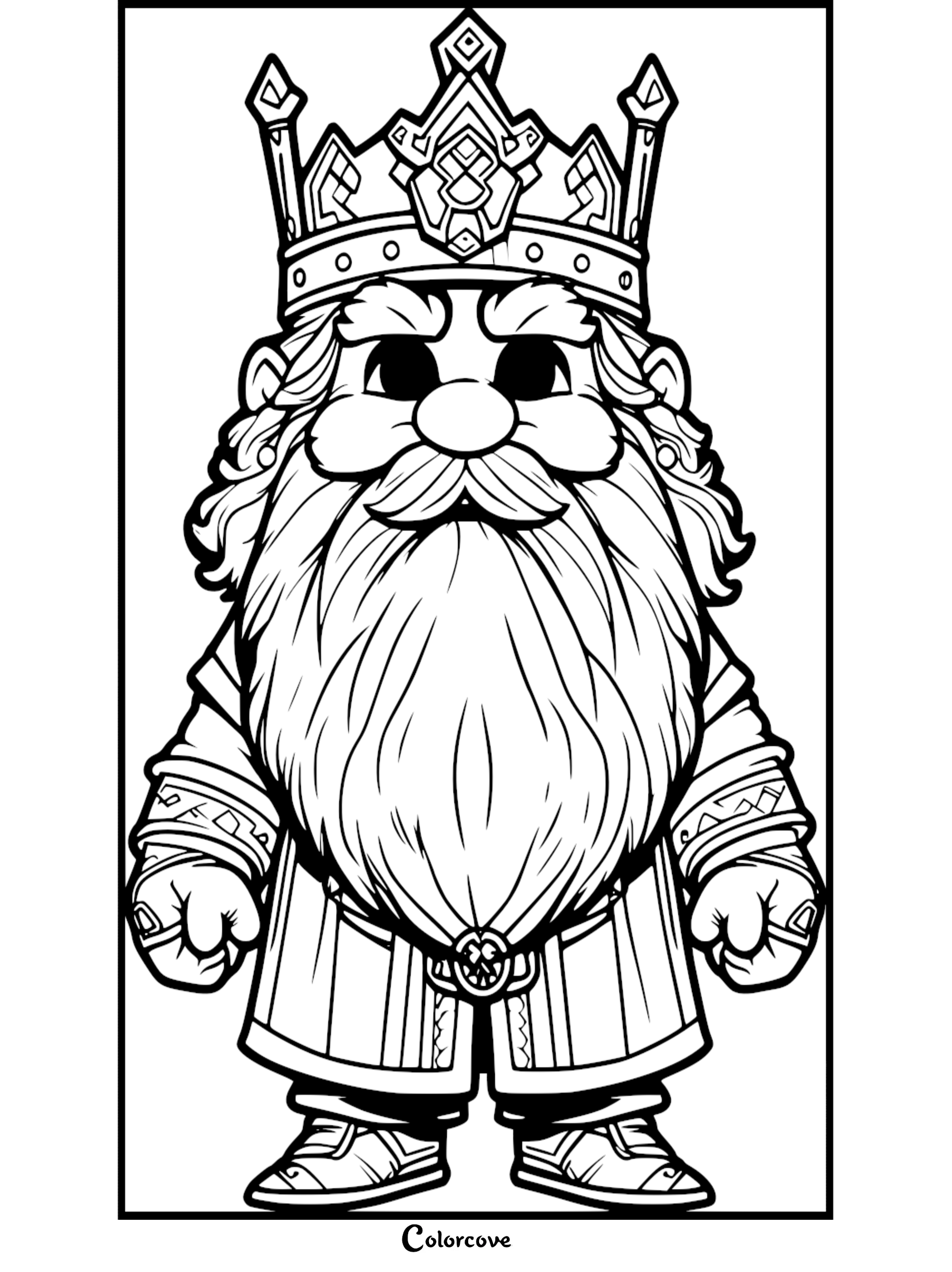 Coloring page of a bearded king wearing a crown. Detailed line art for children and adults. Visit colorcove.org.