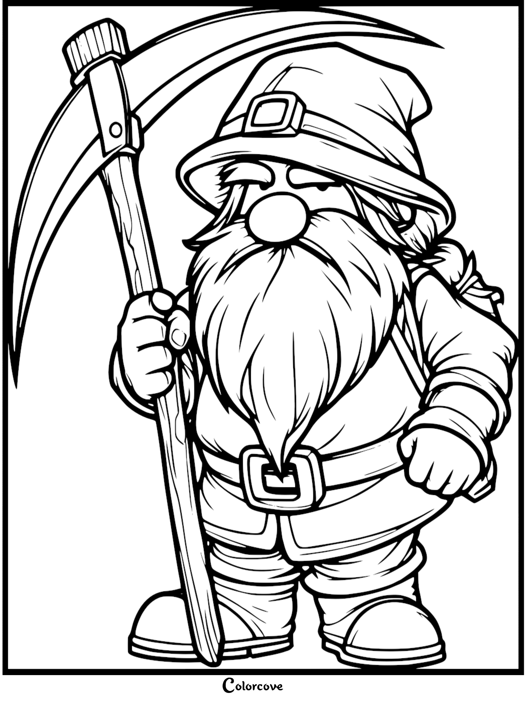 Coloring page of a gnome holding a large pickaxe, perfect for kids to enjoy creative and fun coloring activities.