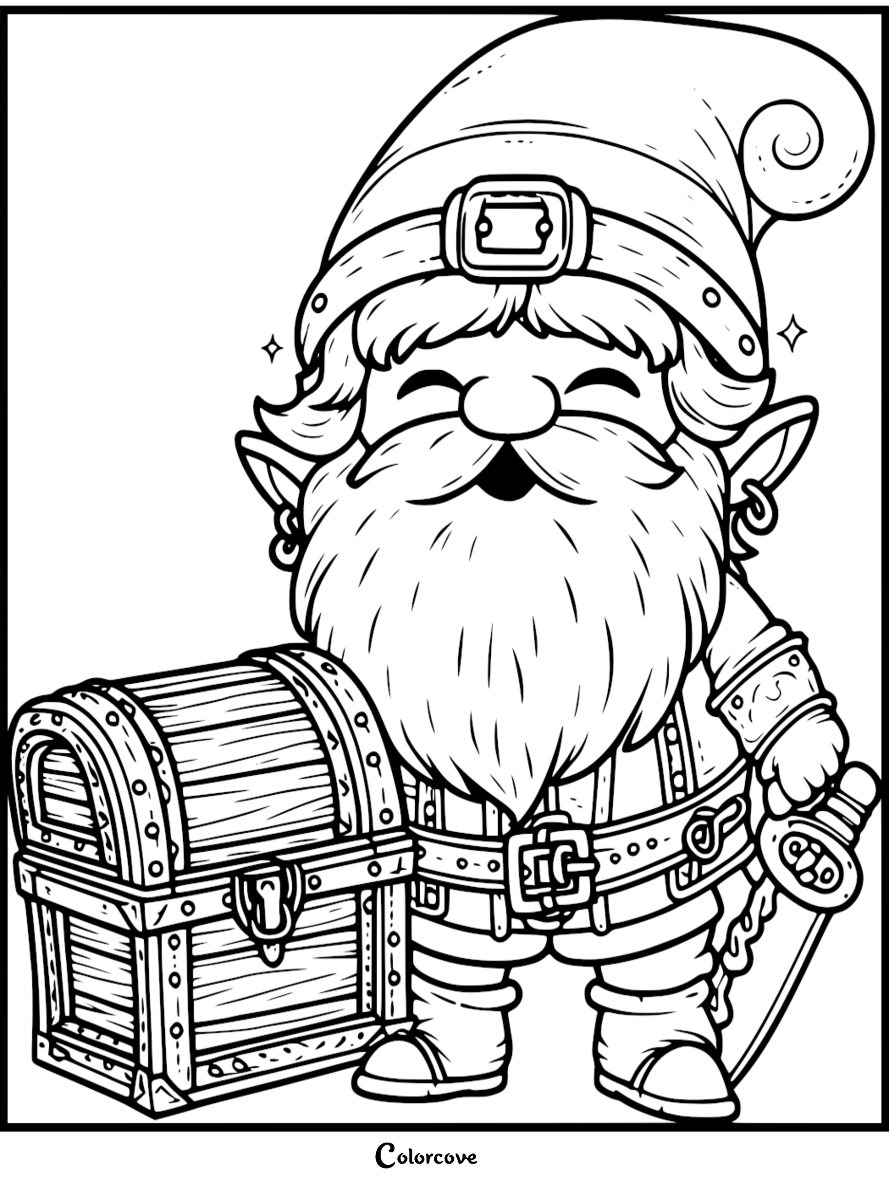 Coloring page of a happy gnome with a long beard standing next to a treasure chest, holding a sword.