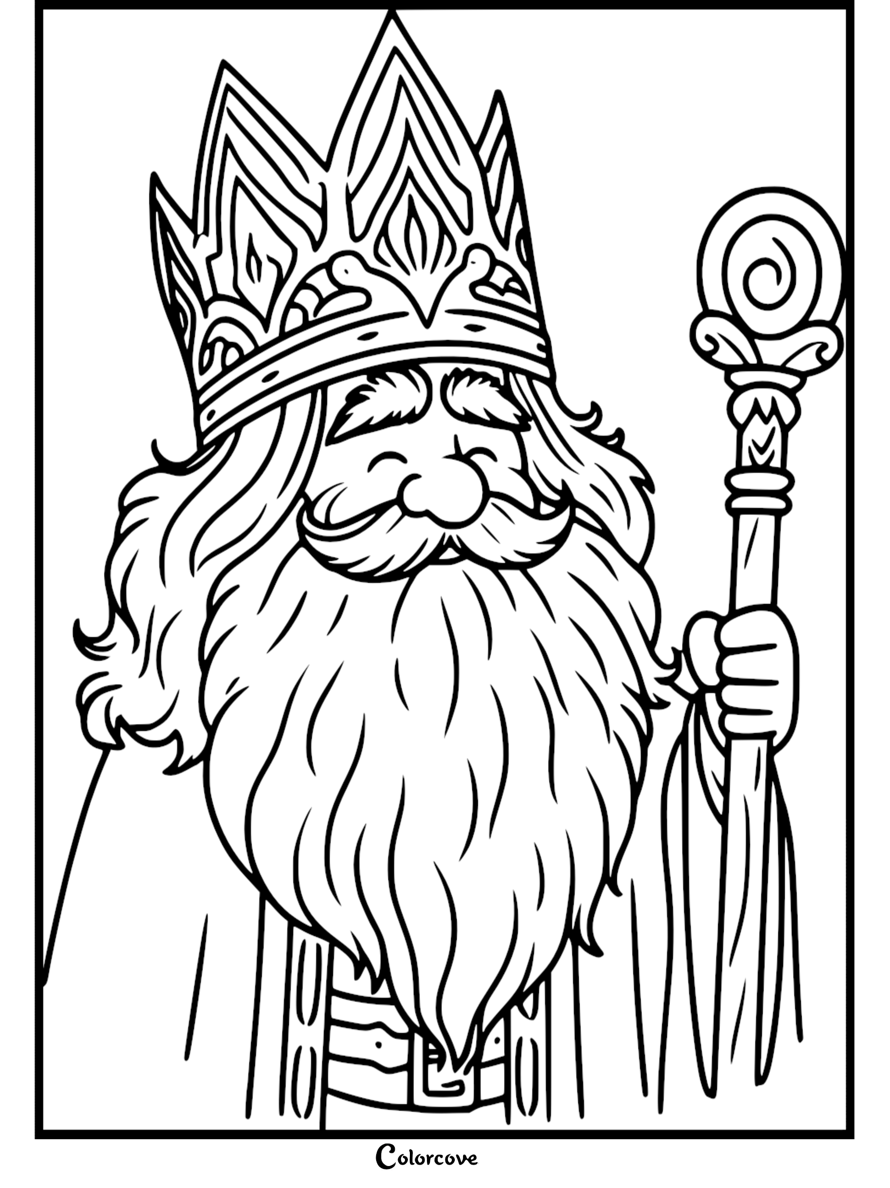 Coloring page featuring a bearded king with a crown and scepter, his eyes closed in a serene expression, by colorcove.org.