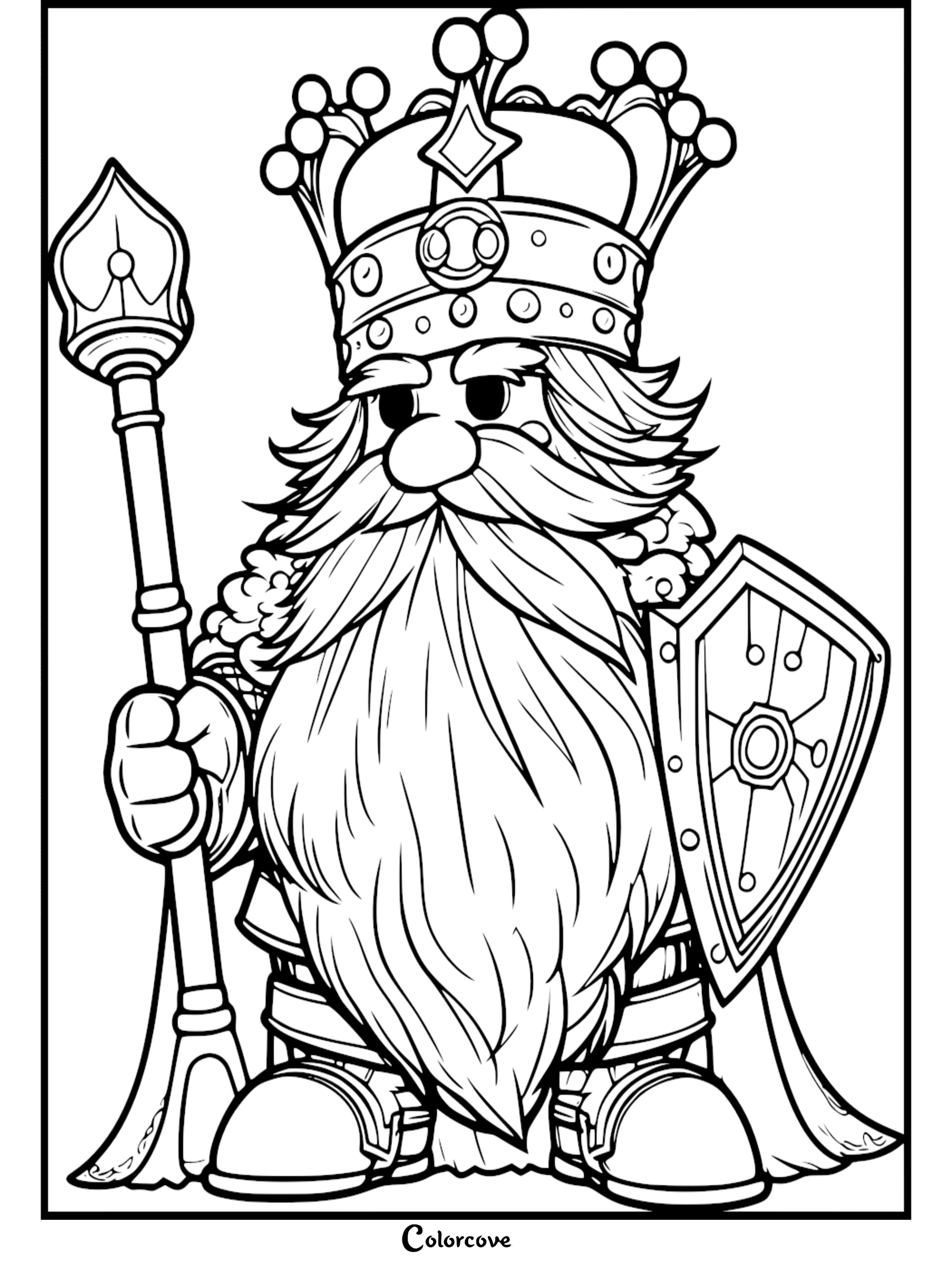 Coloring page of a cartoon king with a crown, holding a staff and shield. | ColorCove.org coloring activity.