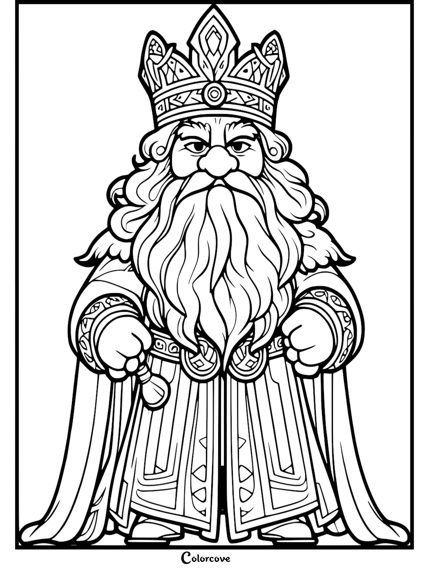 Coloring page of a bearded king with a crown and royal robes, perfect for kids' coloring activities and creative fun.