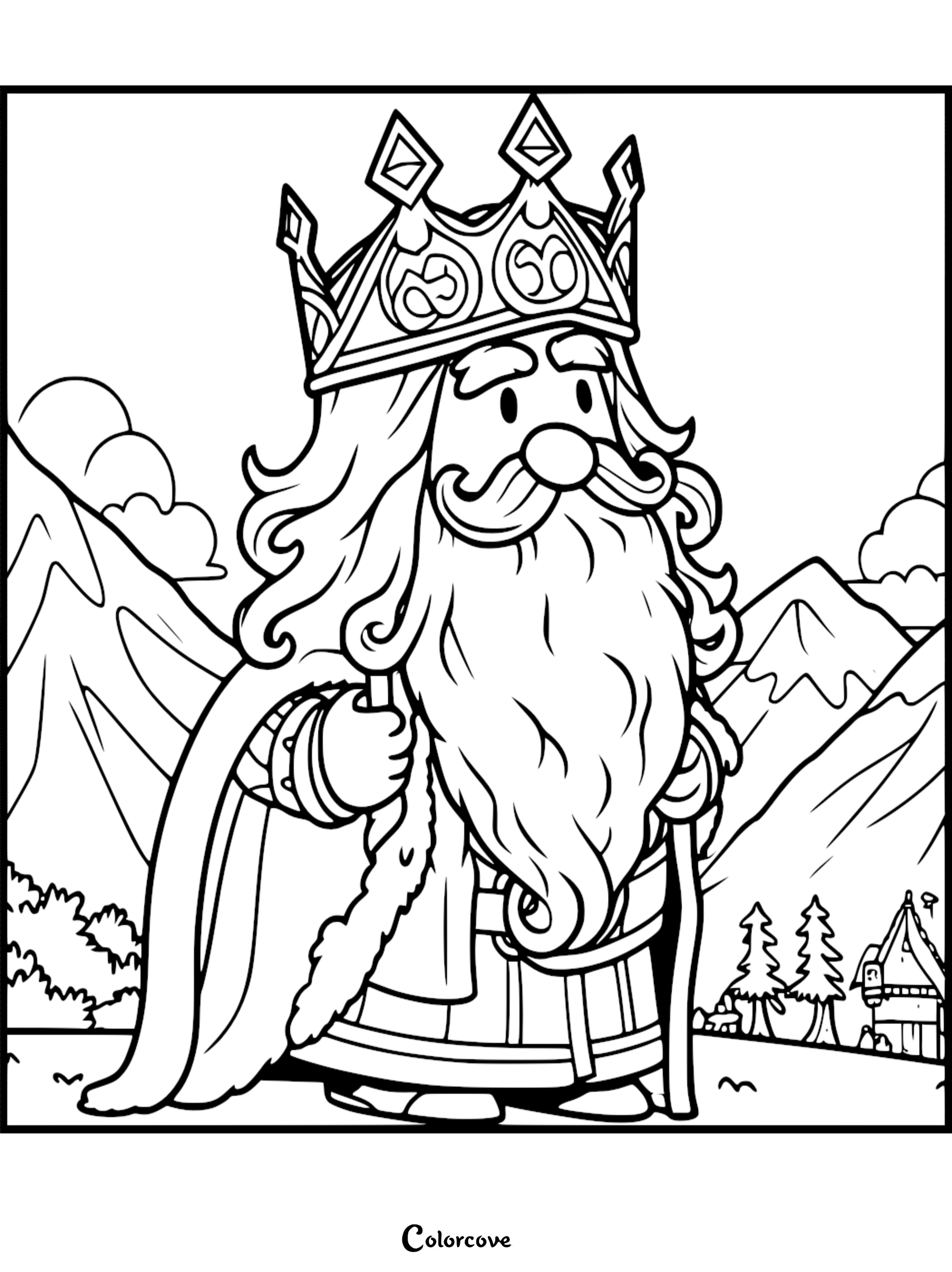 King coloring page featuring a bearded king with a crown, standing in front of mountains and a castle. Image by colorcove.org.