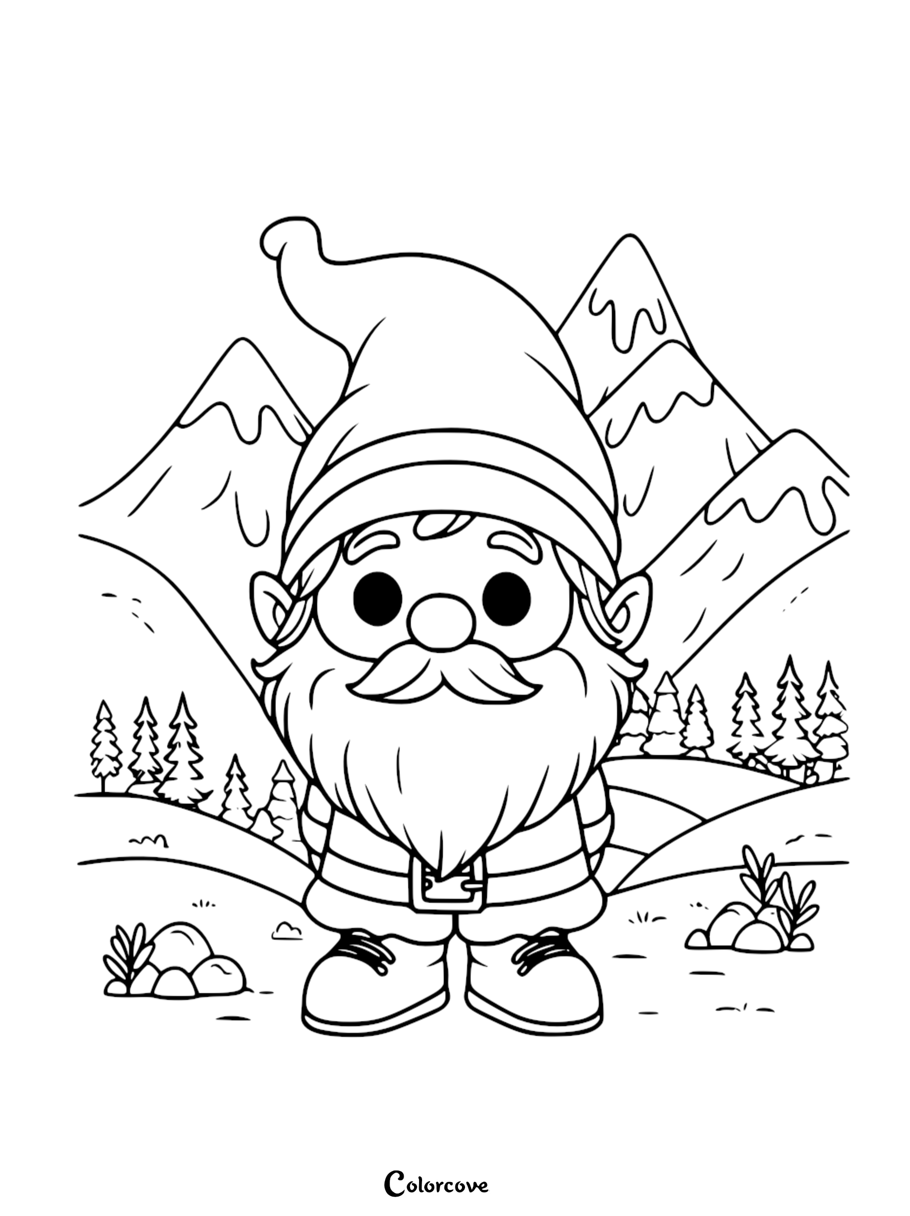 Gnome coloring page for kids featuring a cute gnome in a mountain landscape with trees. Free printable coloring sheet.