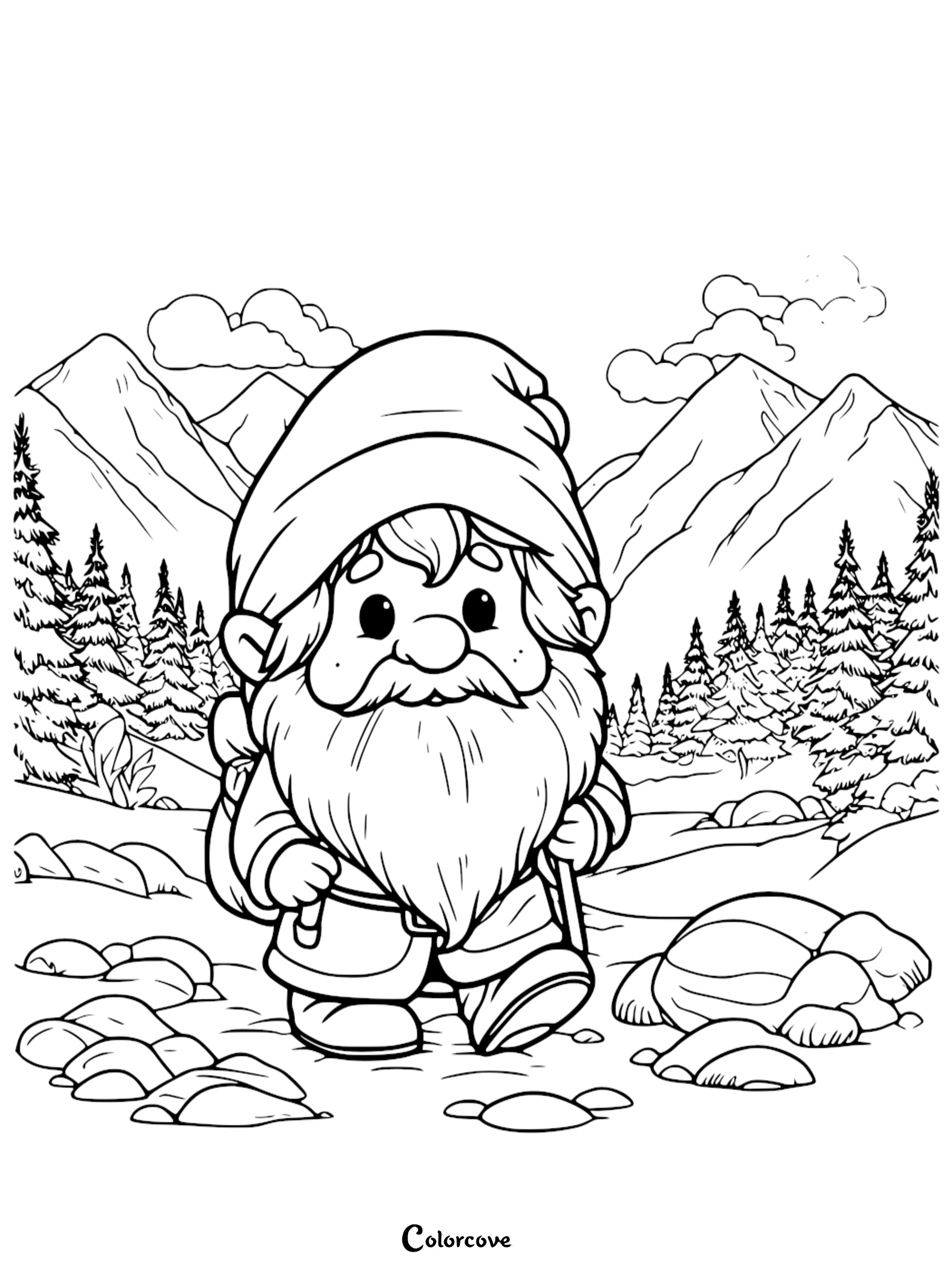 Gnome coloring page: Cute bearded gnome hiking in a scenic mountain landscape with trees and clouds. Kid-friendly coloring book.