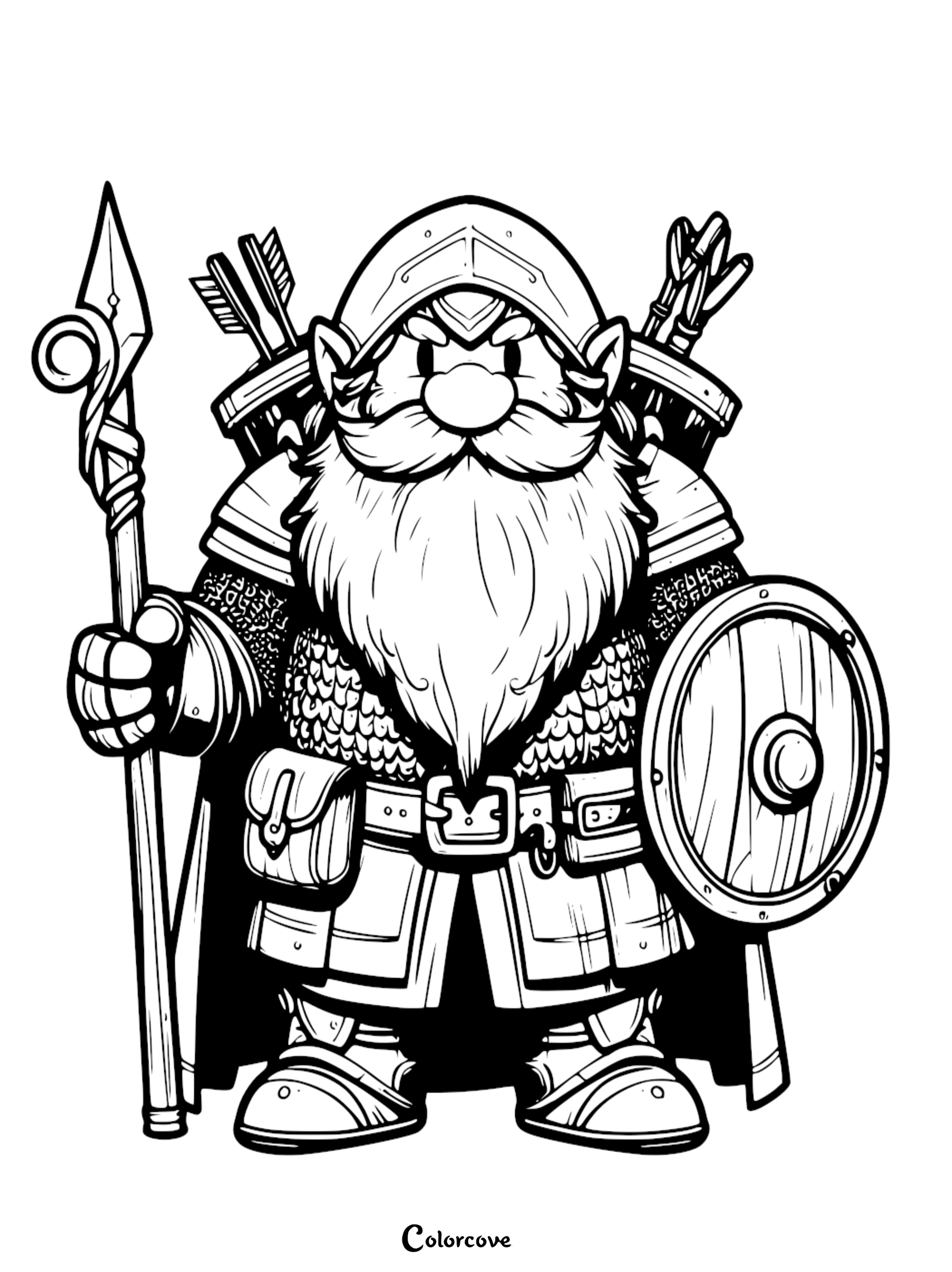 Detailed fantasy warrior dwarf coloring page with armor, shield, spear, and arrows. Perfect for kids and adults.