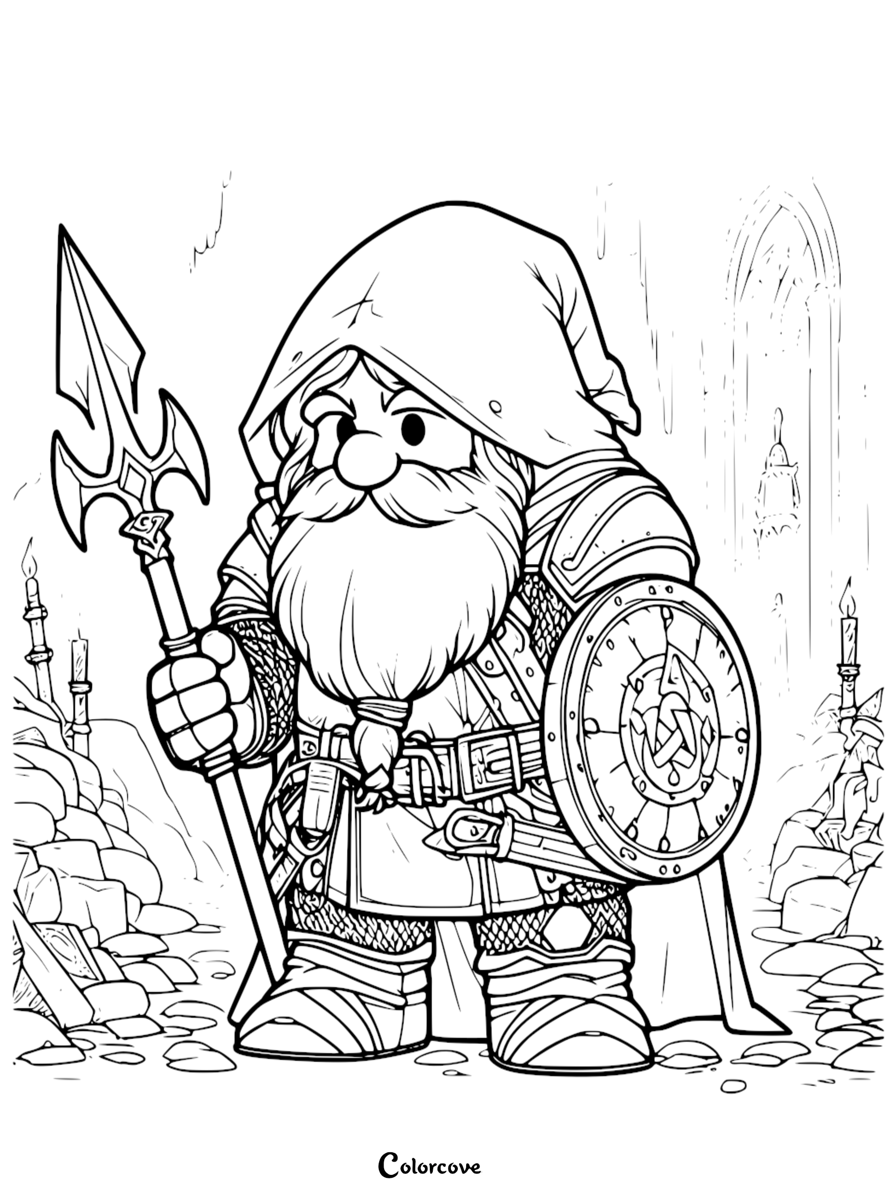 Medieval dwarf warrior coloring page with axe and shield in a castle. Detailed fantasy character line art for kids.