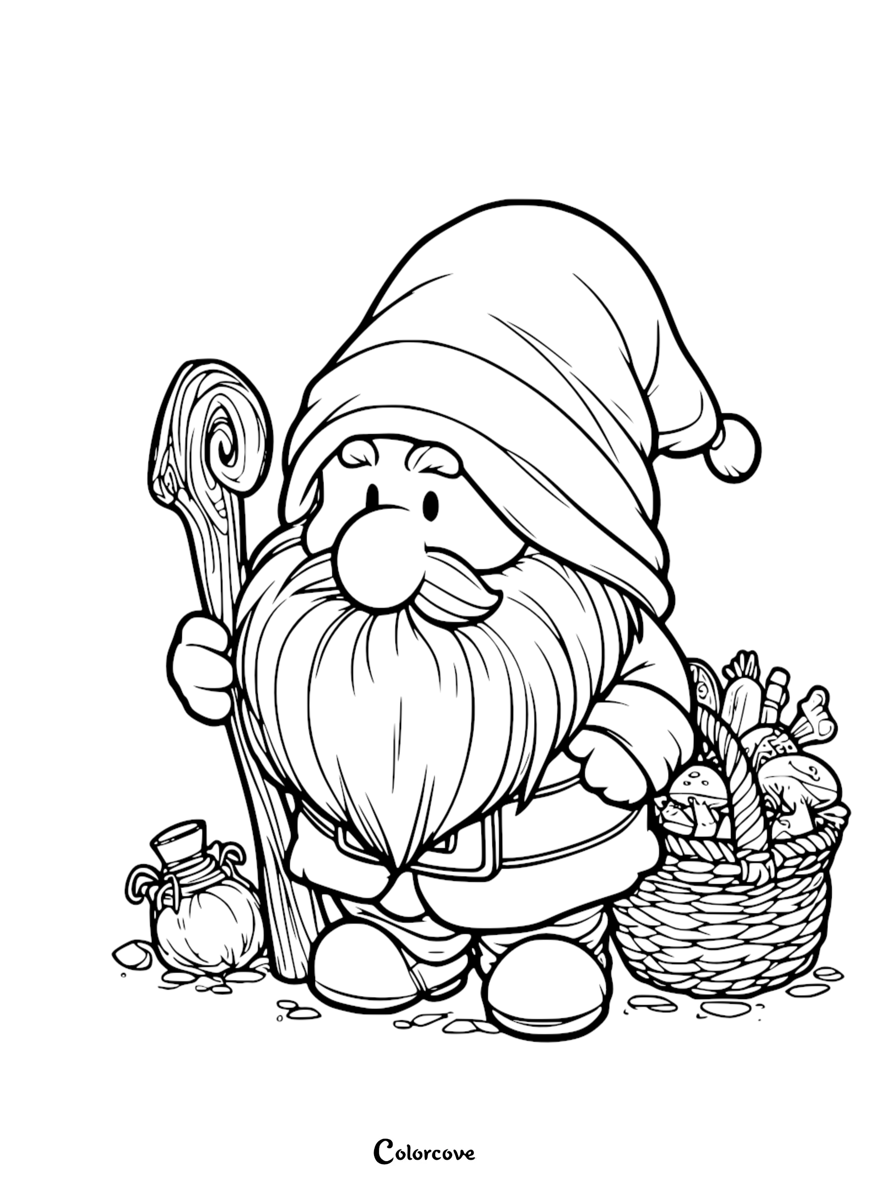Coloring page of a gnome with a large beard, holding a staff, beside a basket of mushrooms and a potion bottle.