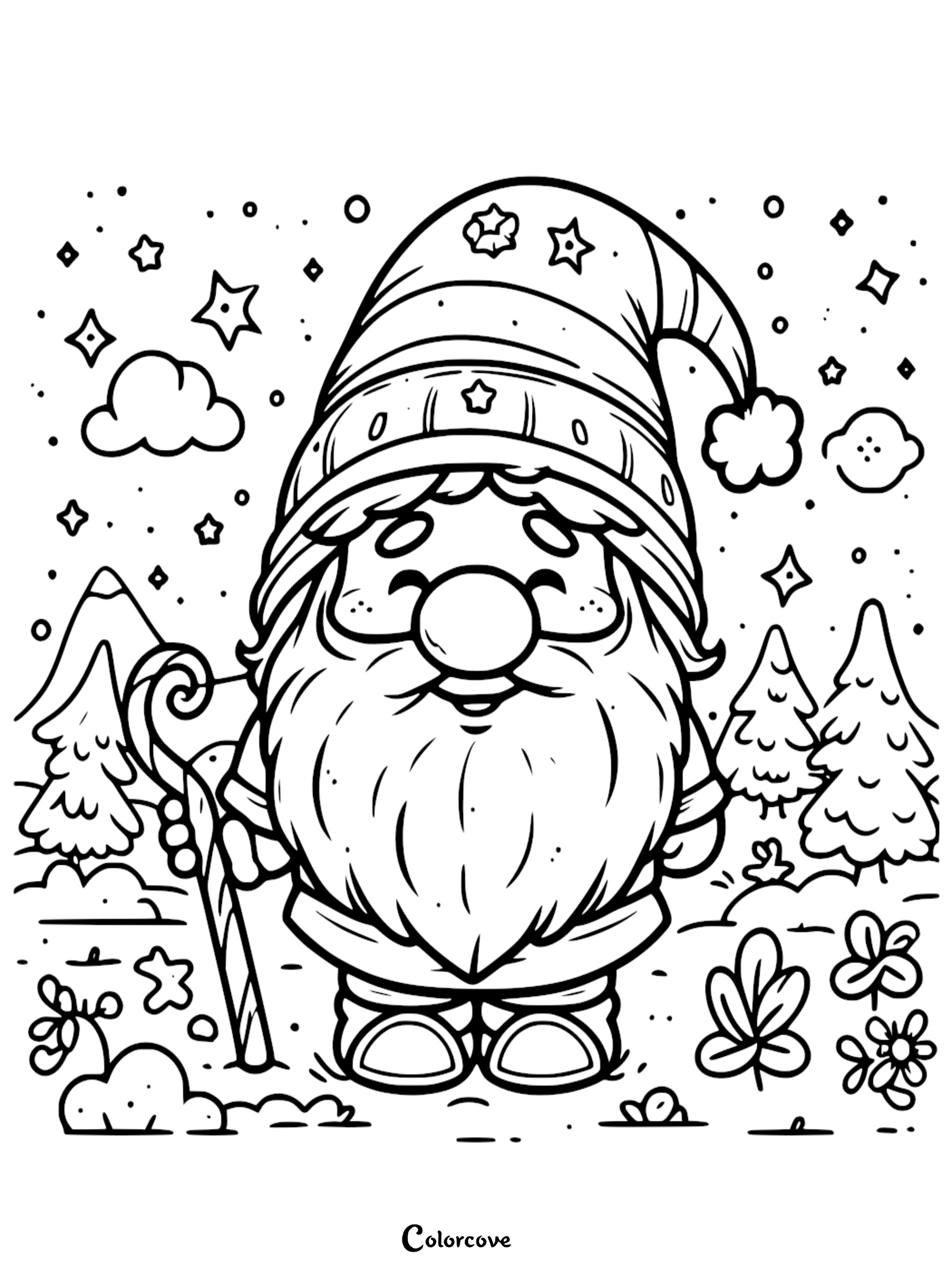 Coloring page of a cute gnome with a candy cane in a snowy landscape, surrounded by trees, stars, and flowers.