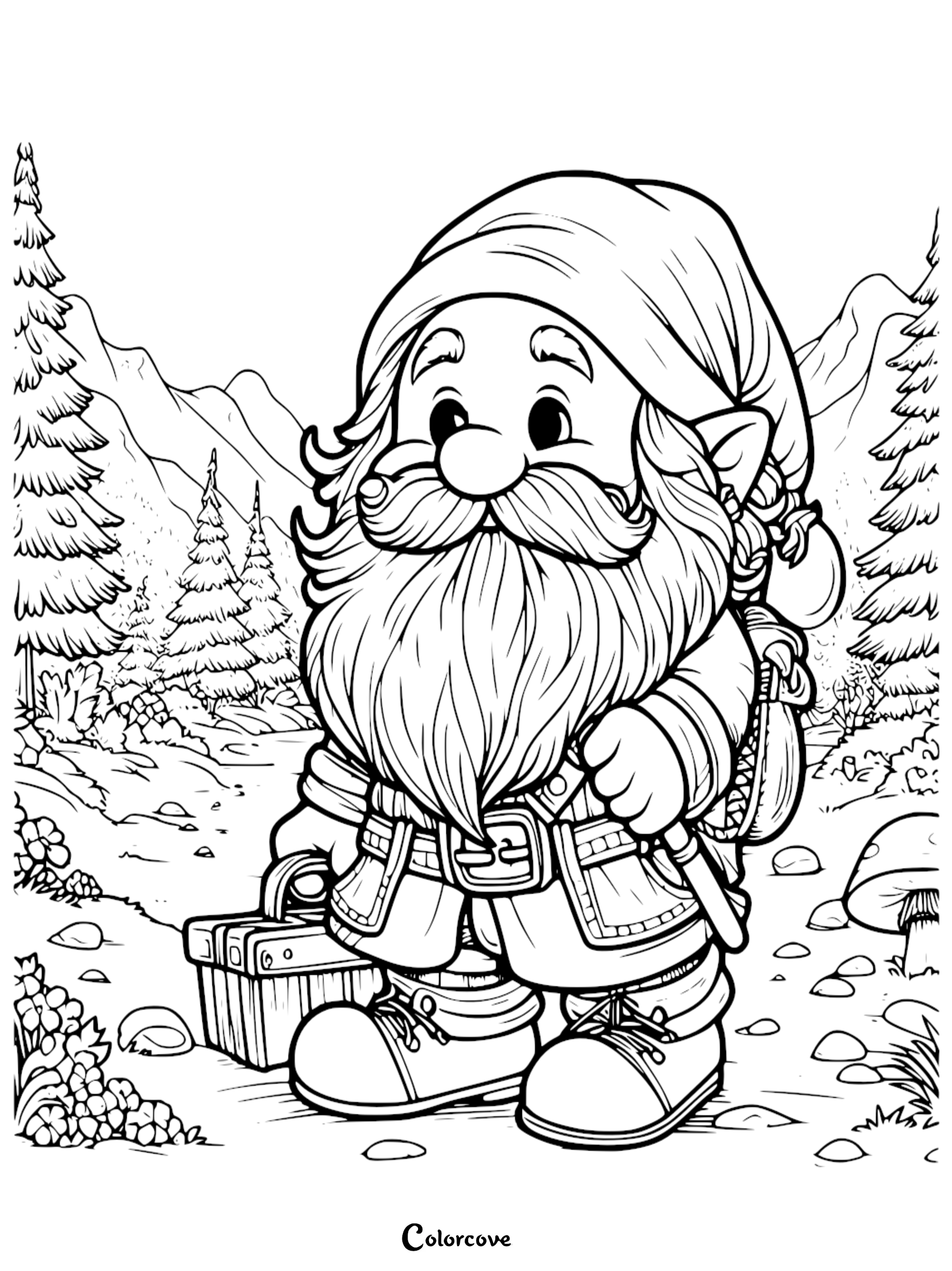 Cute gnome coloring page: forest background, detailed character with backpack, suitcase, and big beard. Fun printable art.