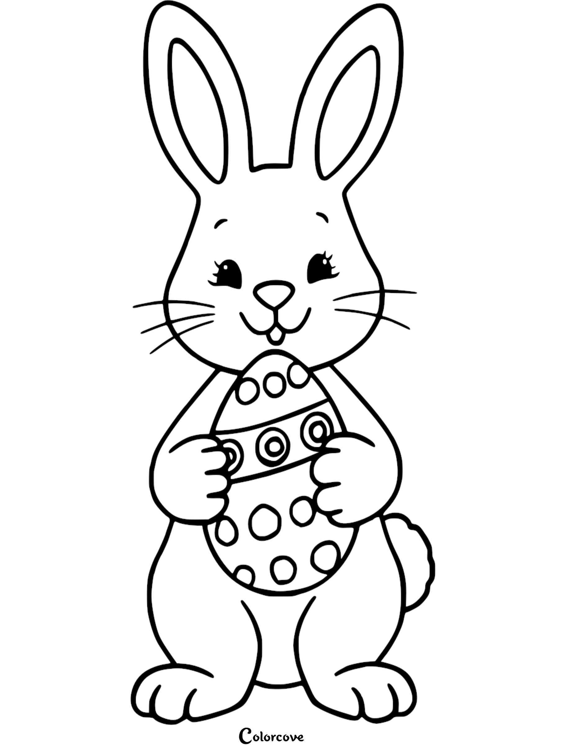 Cute Easter bunny holding an egg coloring page for kids, free printable.