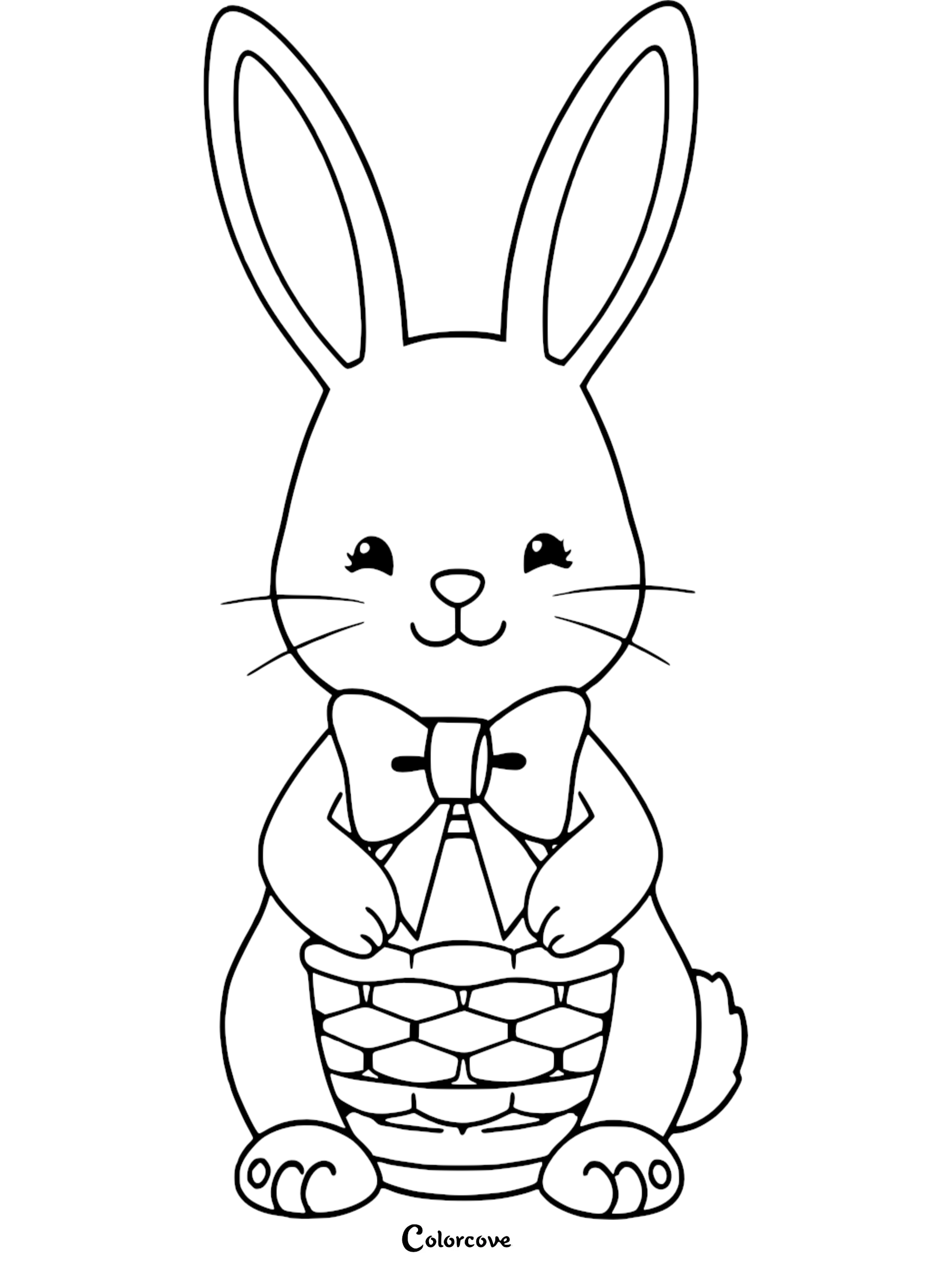 Cute bunny holding an Easter basket coloring page for kids. Perfect for holiday crafts and activities.