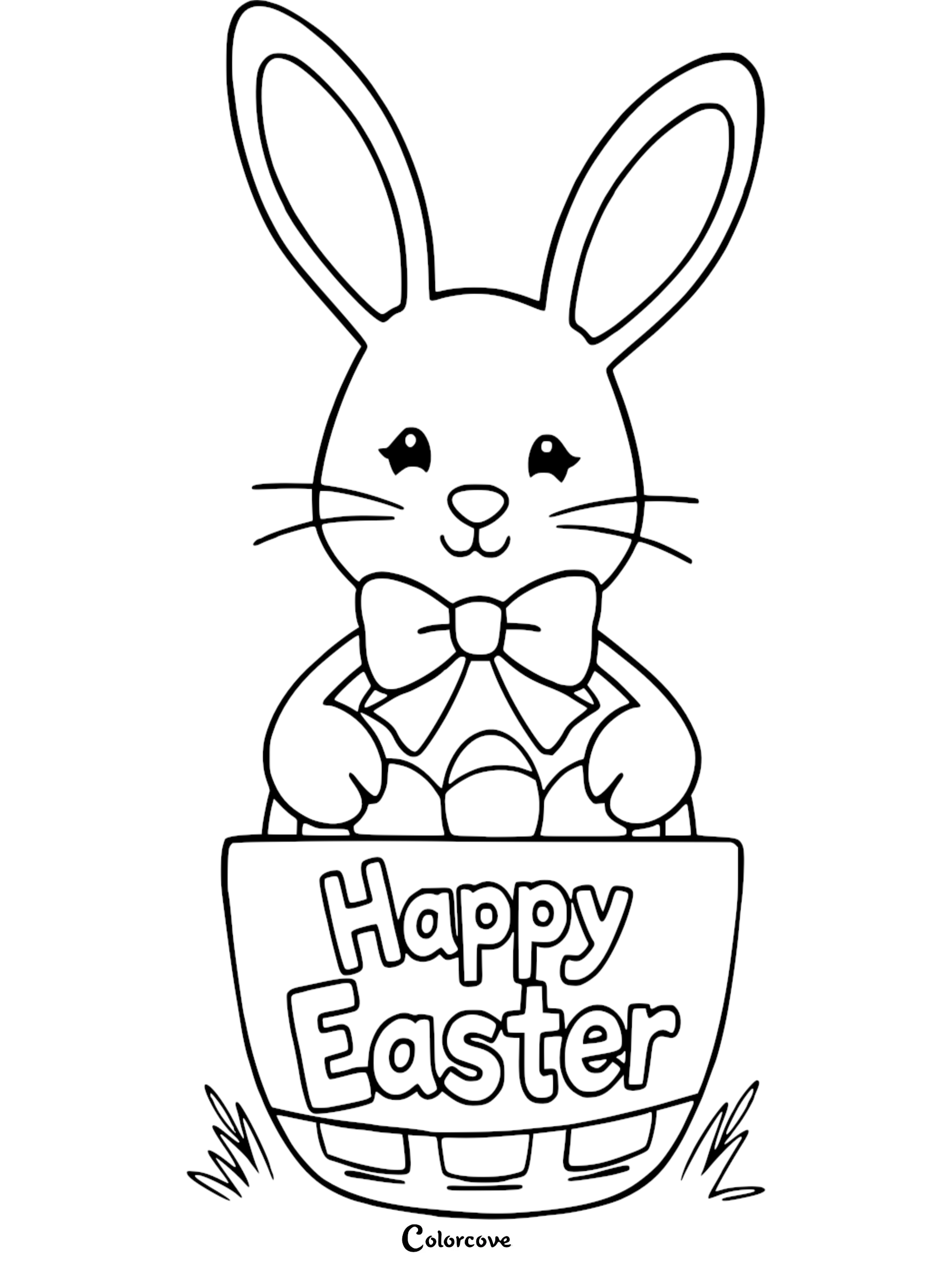 Cute Easter bunny coloring page with basket of eggs and Happy Easter text. Ideal for kids' holiday activities.