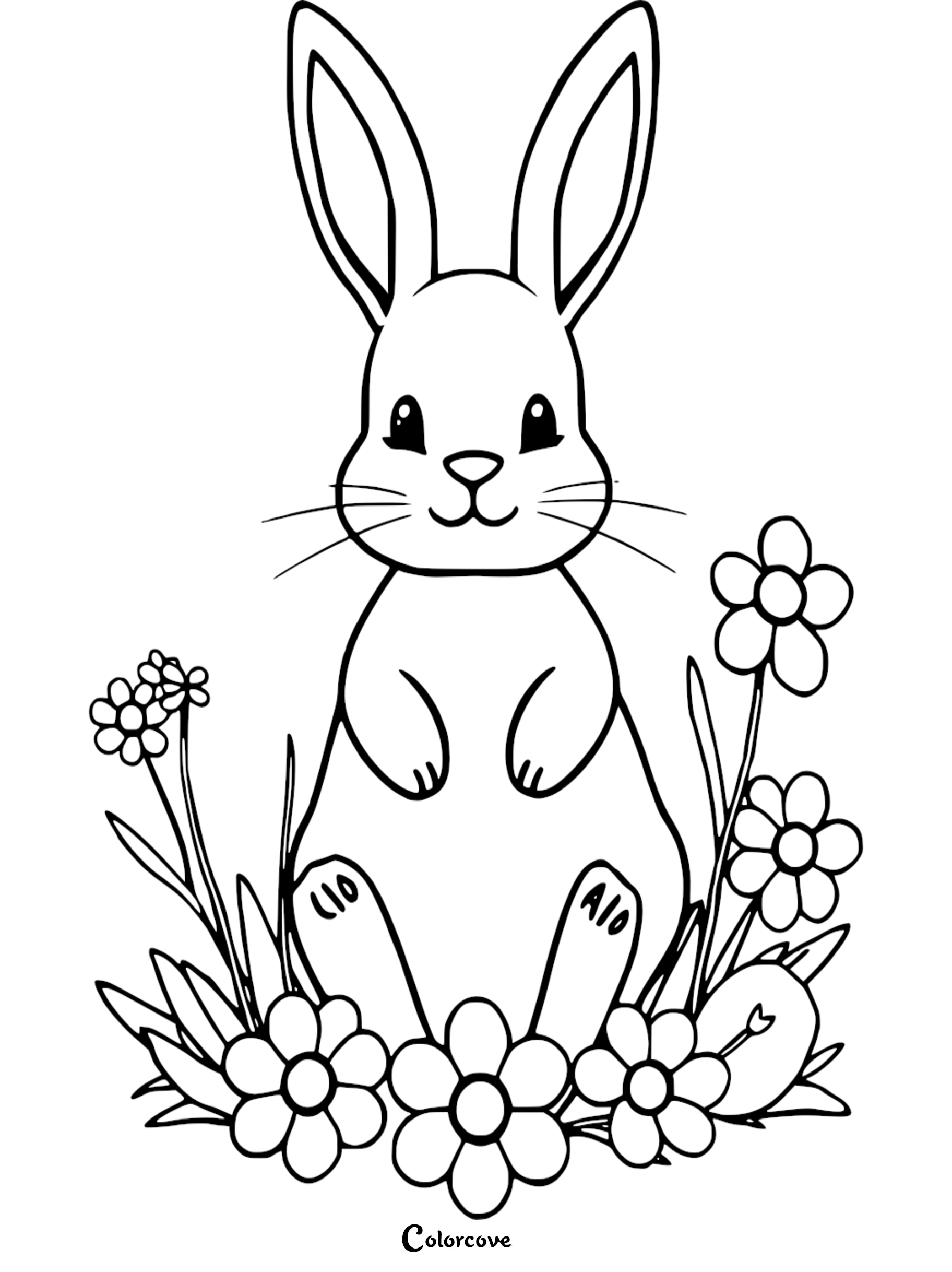 Cute bunny coloring page with flowers, perfect for kids and adults. Printable and fun for creative coloring activities.
