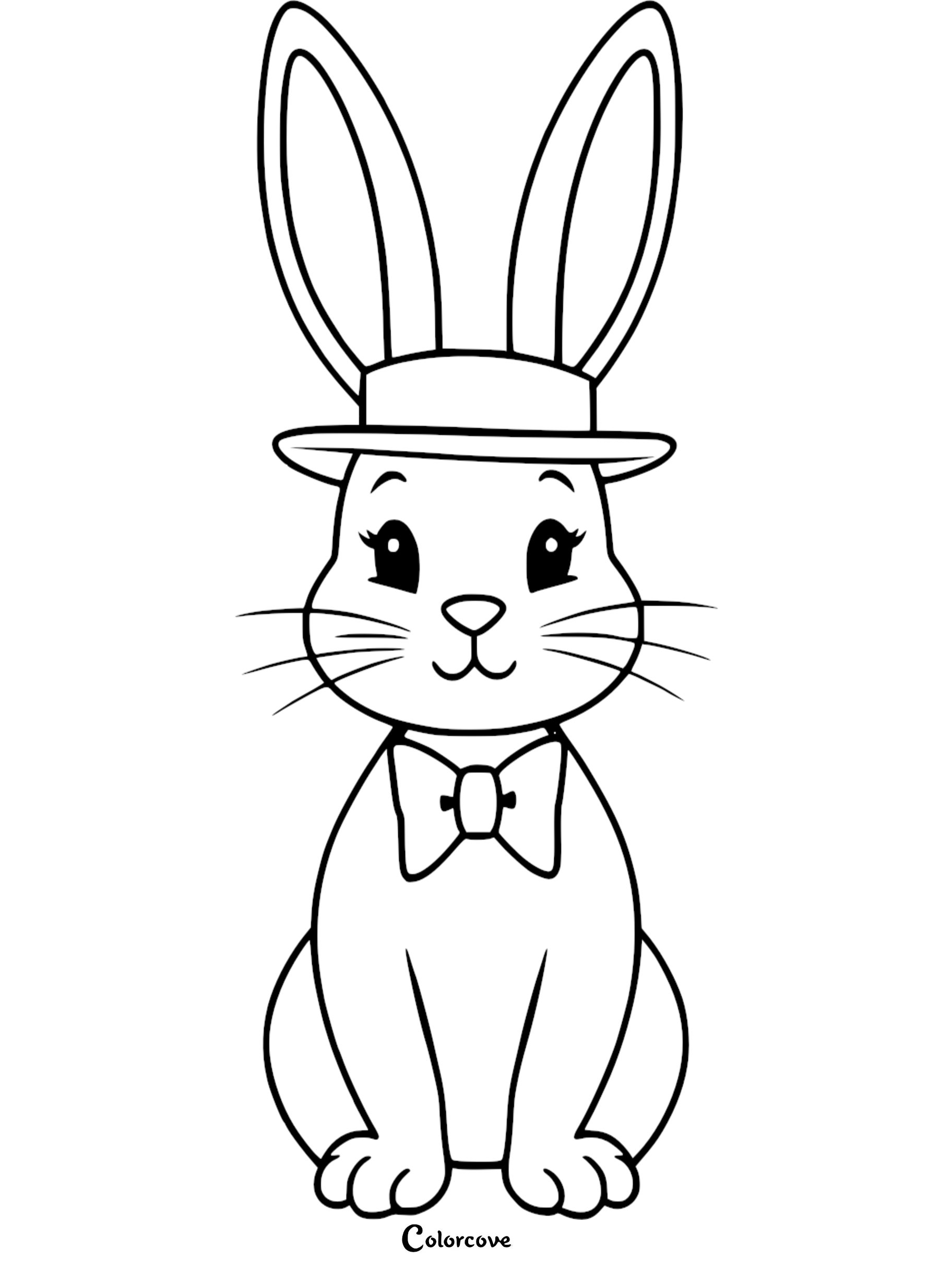 Coloring page featuring a cute bunny with a hat and bowtie, perfect for kids' creative activities.