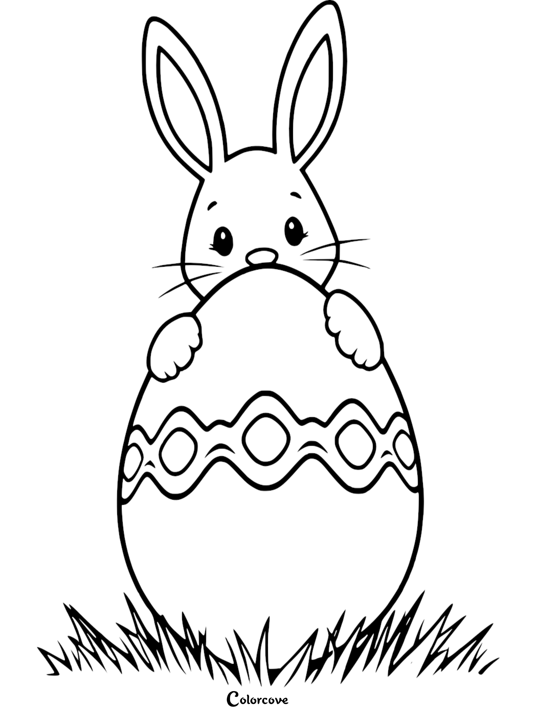 Cute Easter bunny with egg coloring page, perfect for kids' holiday activities and creative fun.