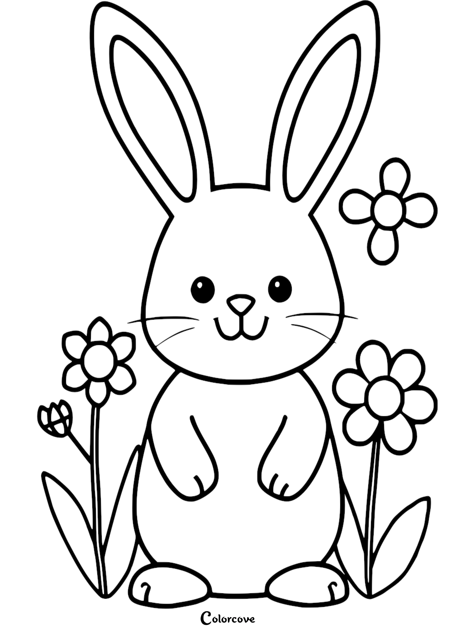 Cute bunny coloring page with flowers, perfect for kids' art activities and fun creative coloring sessions.