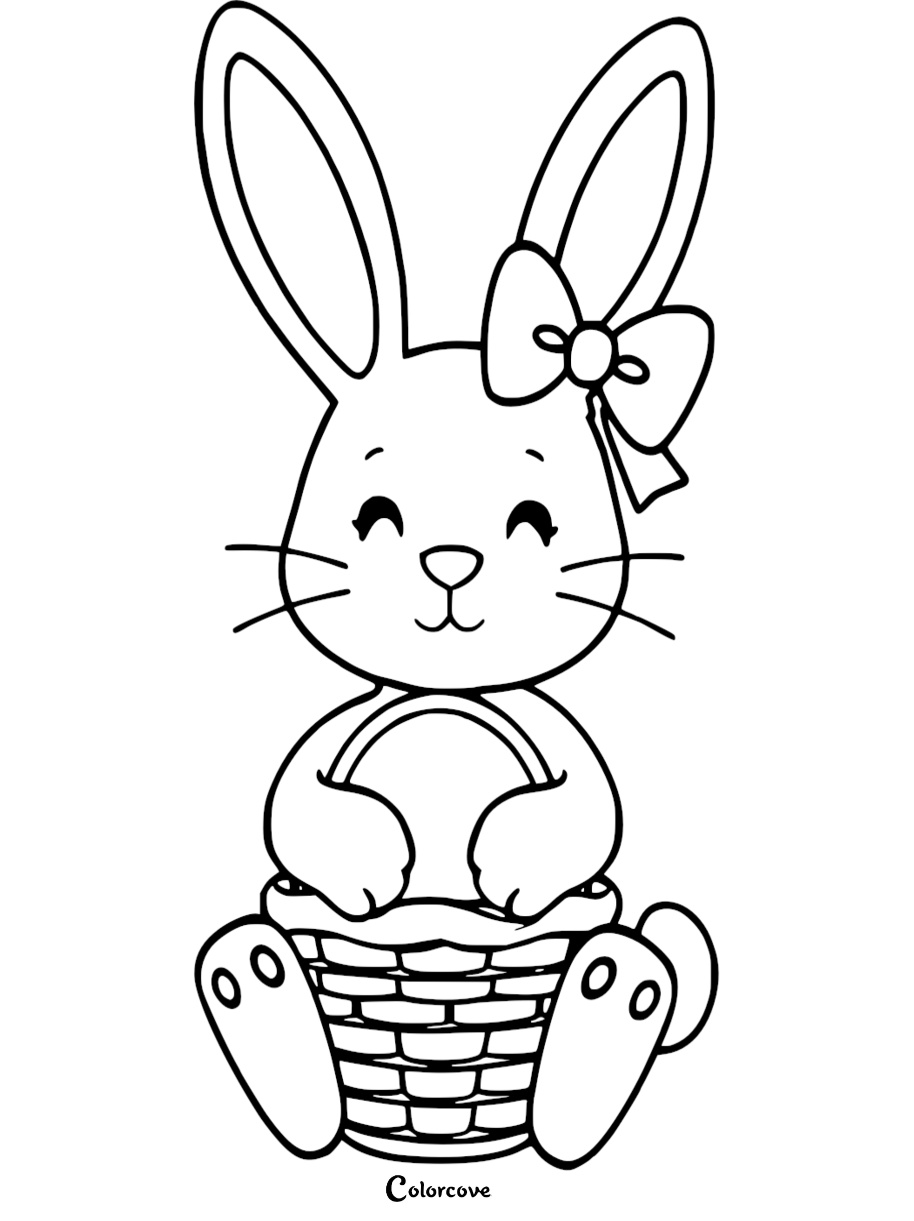 Cute bunny coloring page with bow and basket, perfect for kids and Easter fun.