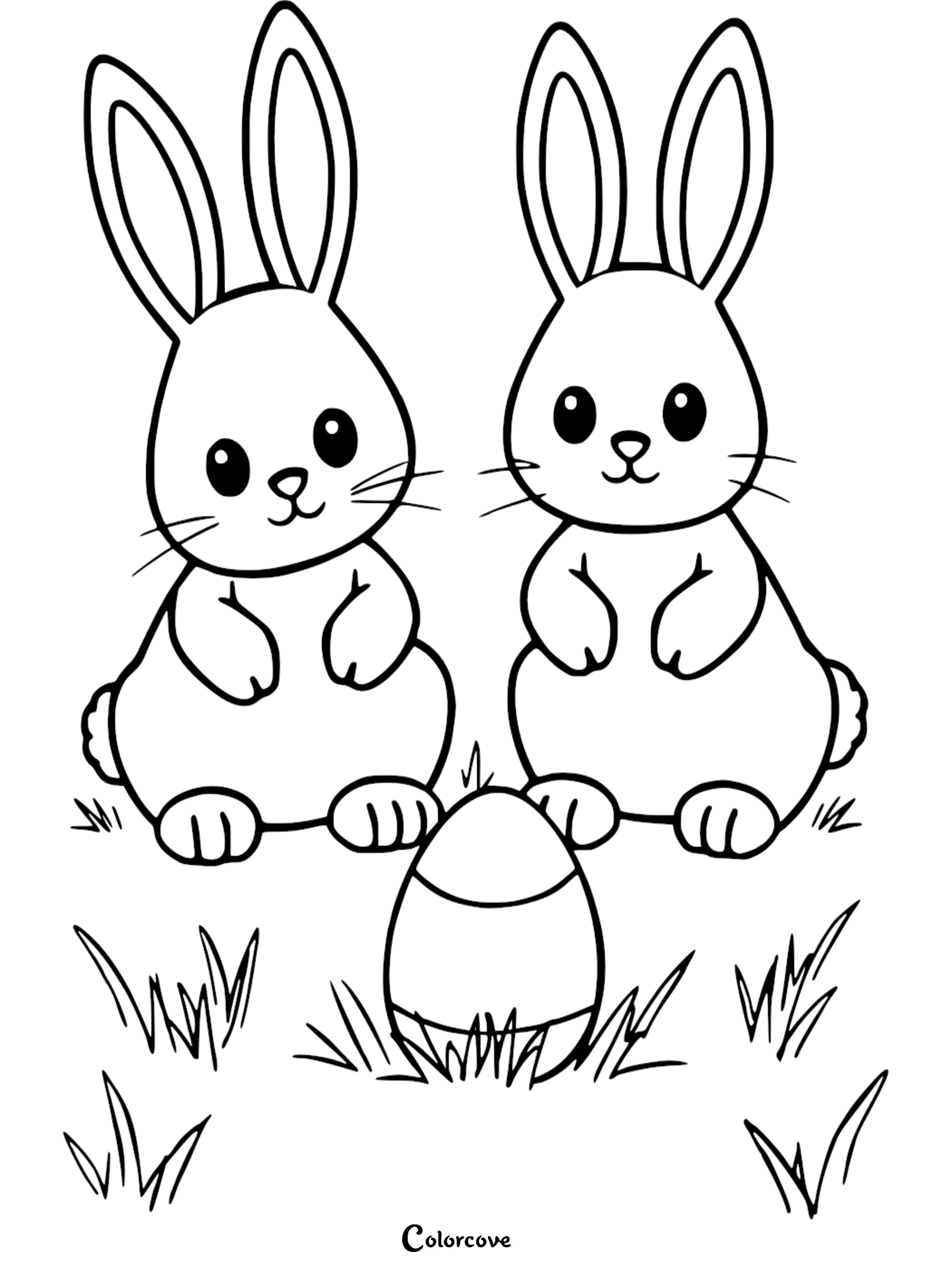 Two cute bunnies and an Easter egg coloring page, ideal for kids' springtime activities and creativity.