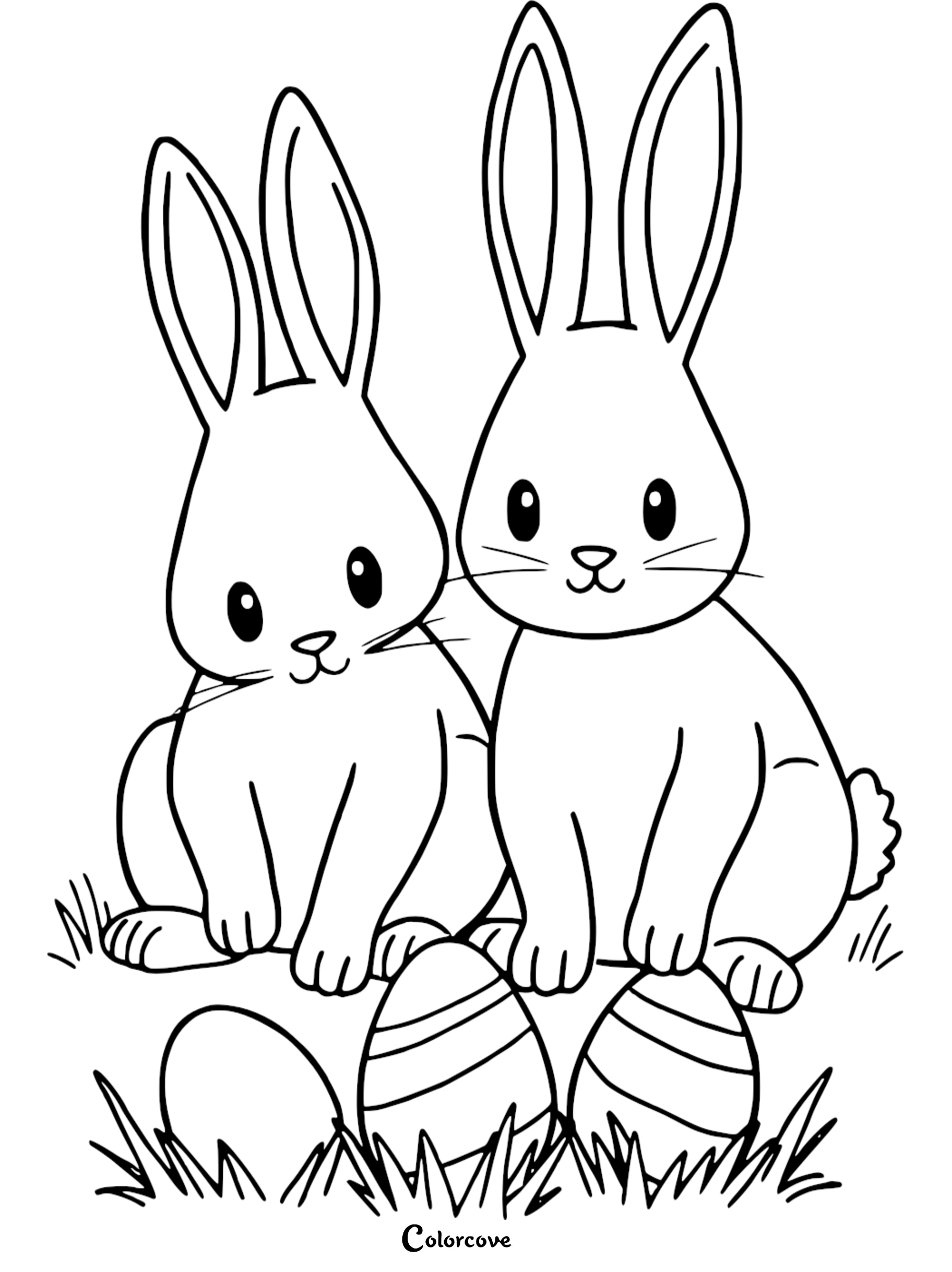 Two cute bunnies with Easter eggs on grass, perfect for kids' coloring activities and holiday fun.