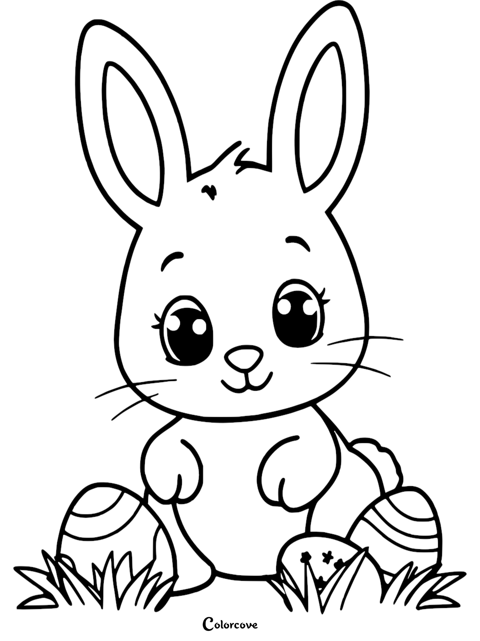 Cute bunny coloring page with Easter eggs, perfect for kids' fun and creativity.