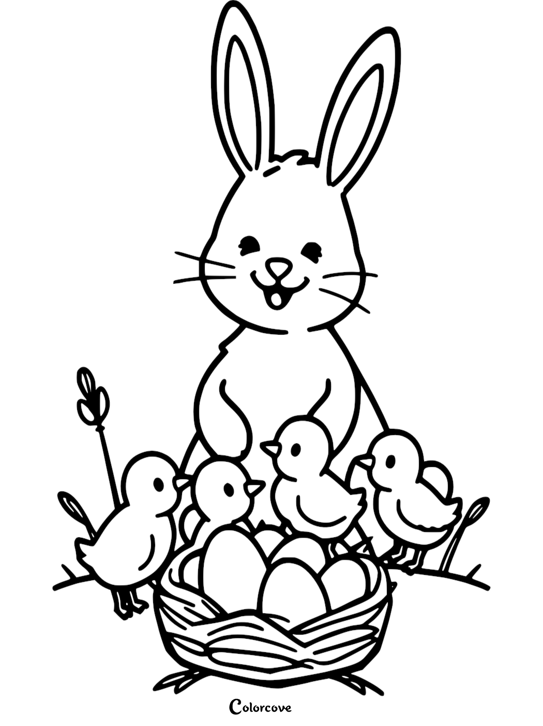 Bunny with baby chicks and eggs in a nest, spring coloring page, black and white outline for kids.