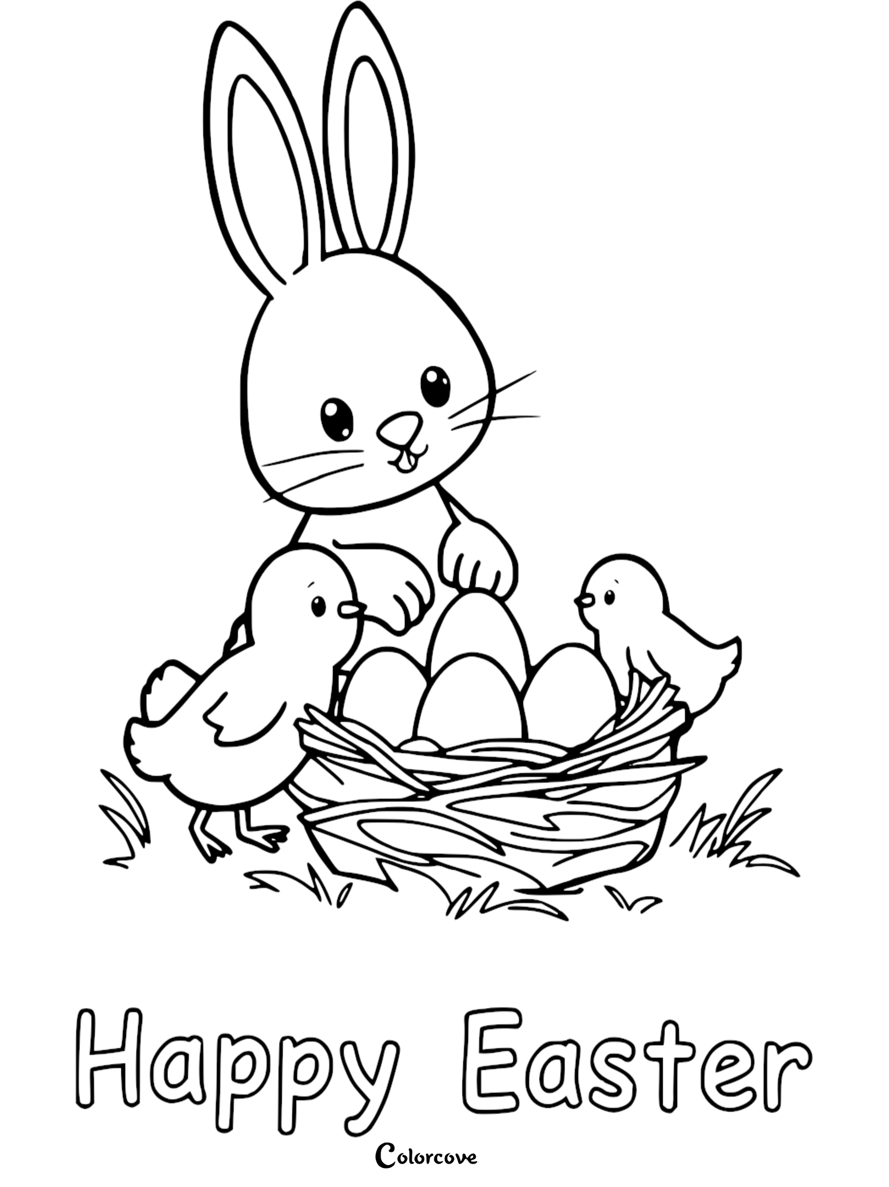 Easter bunny and chicks with a nest of eggs coloring page. Text reads Happy Easter with colorcove.org logo.