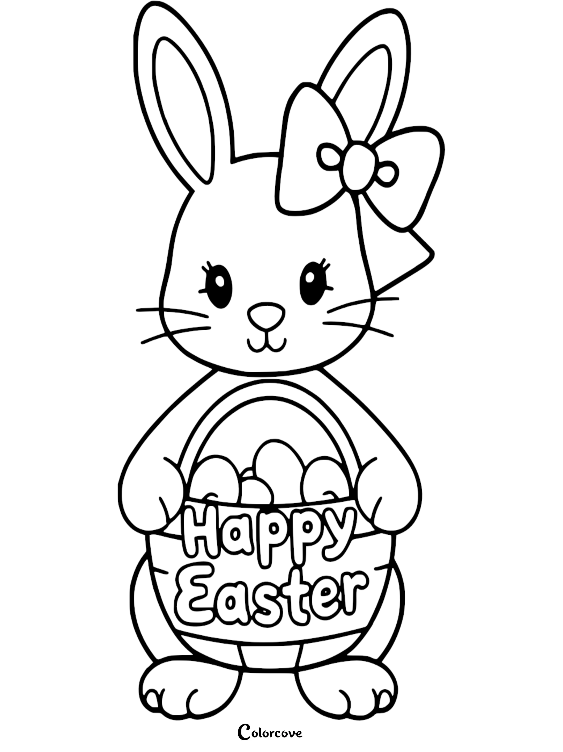 Easter bunny coloring page with a basket of eggs and text Happy Easter for kids.
