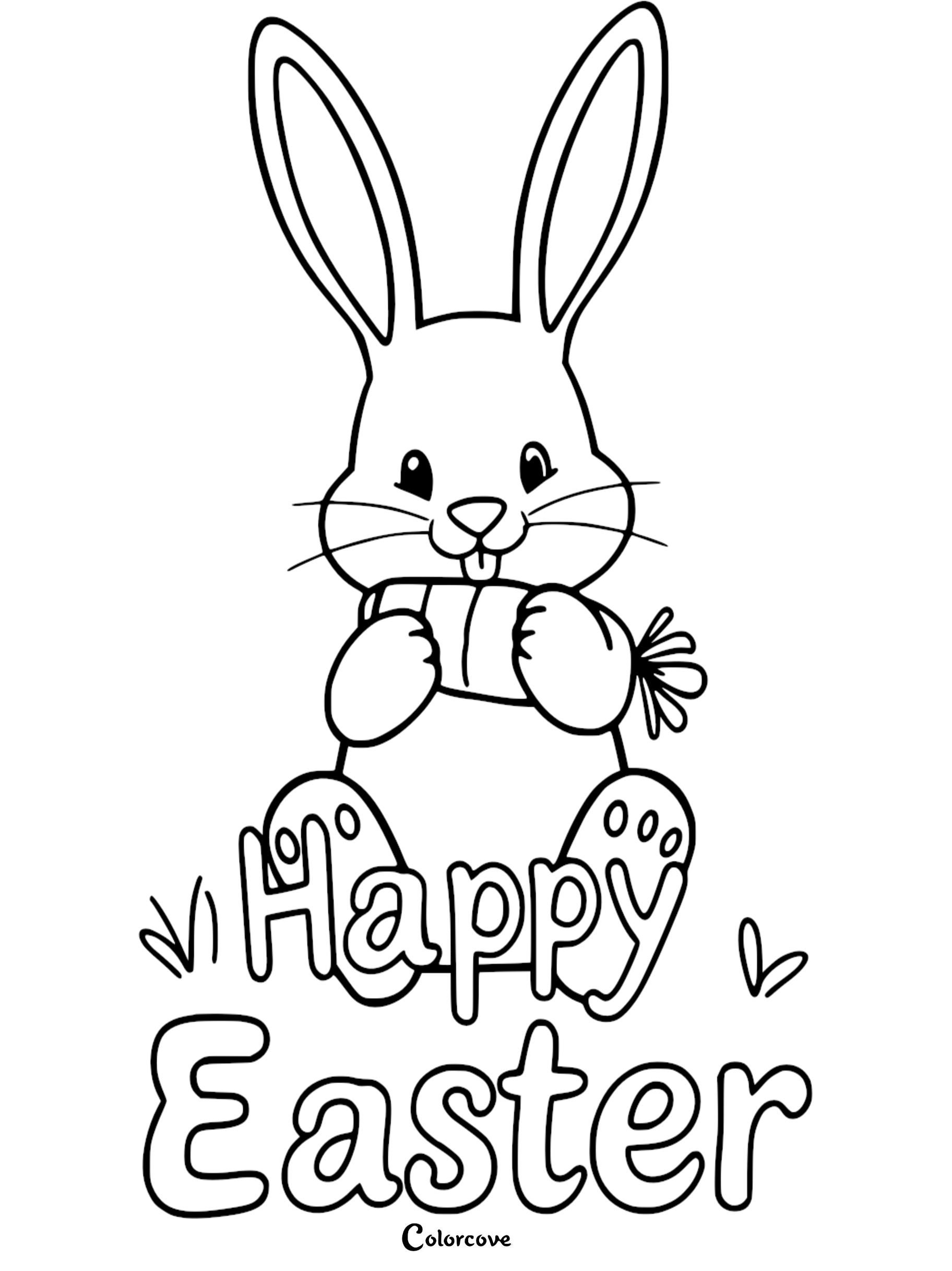 Cute Easter bunny coloring page with carrot and Happy Easter text. Perfect for kids and festive crafts.