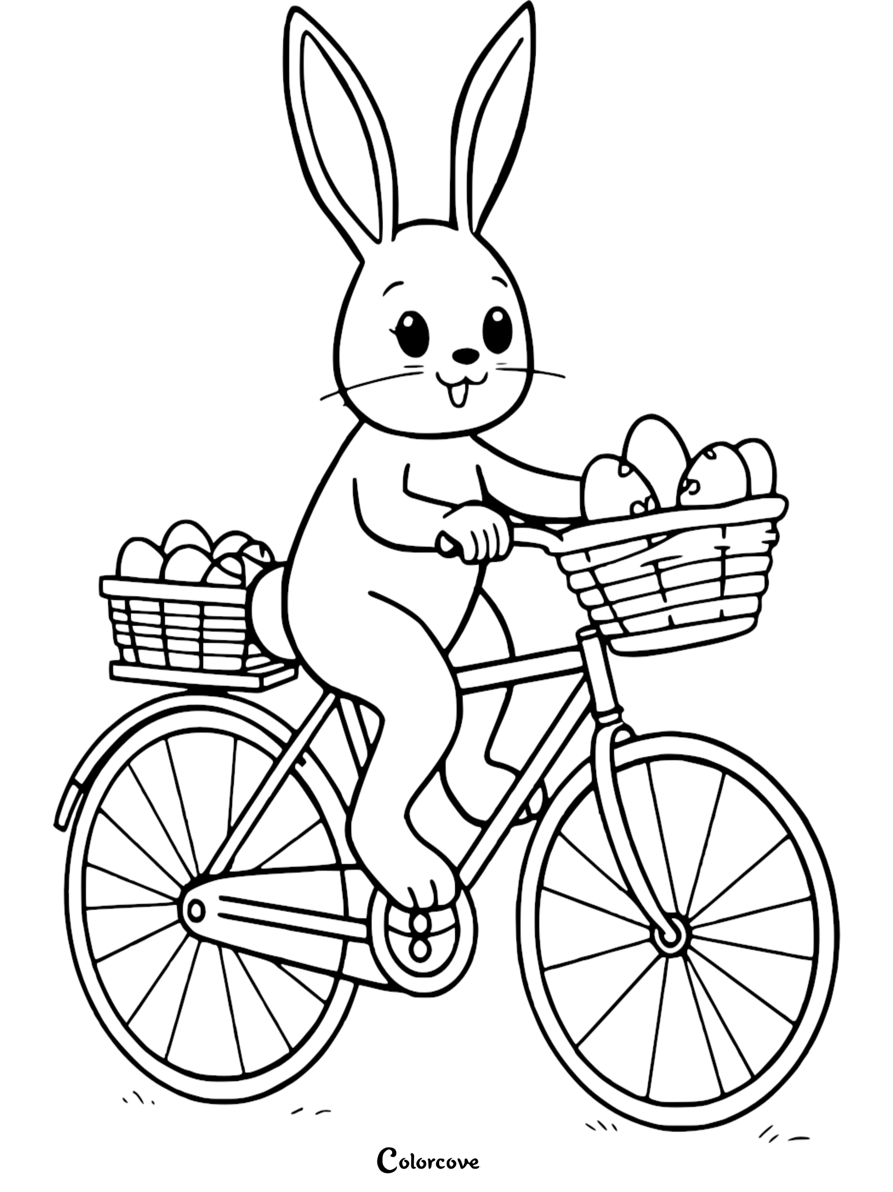 Cute bunny on a bicycle with baskets of eggs, perfect for an Easter-themed coloring page for kids.