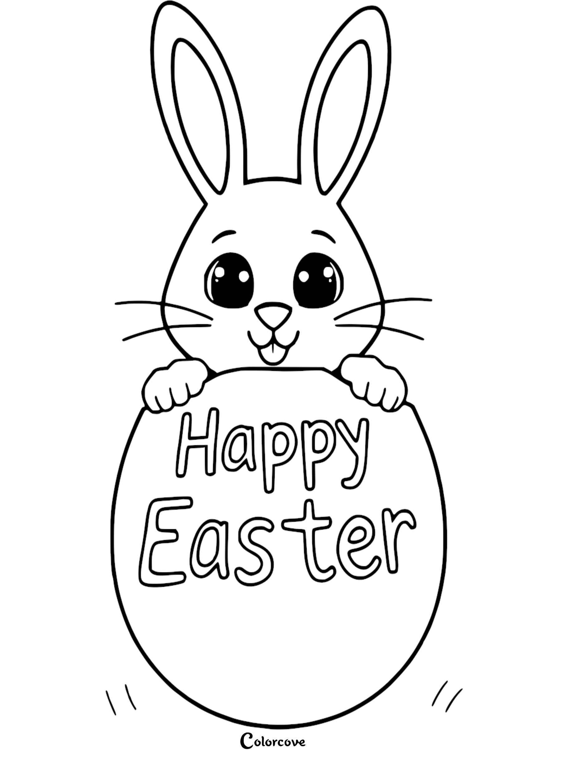 Cute Easter Bunny coloring page with Happy Easter text, perfect for kids’ holiday activities and celebrations.
