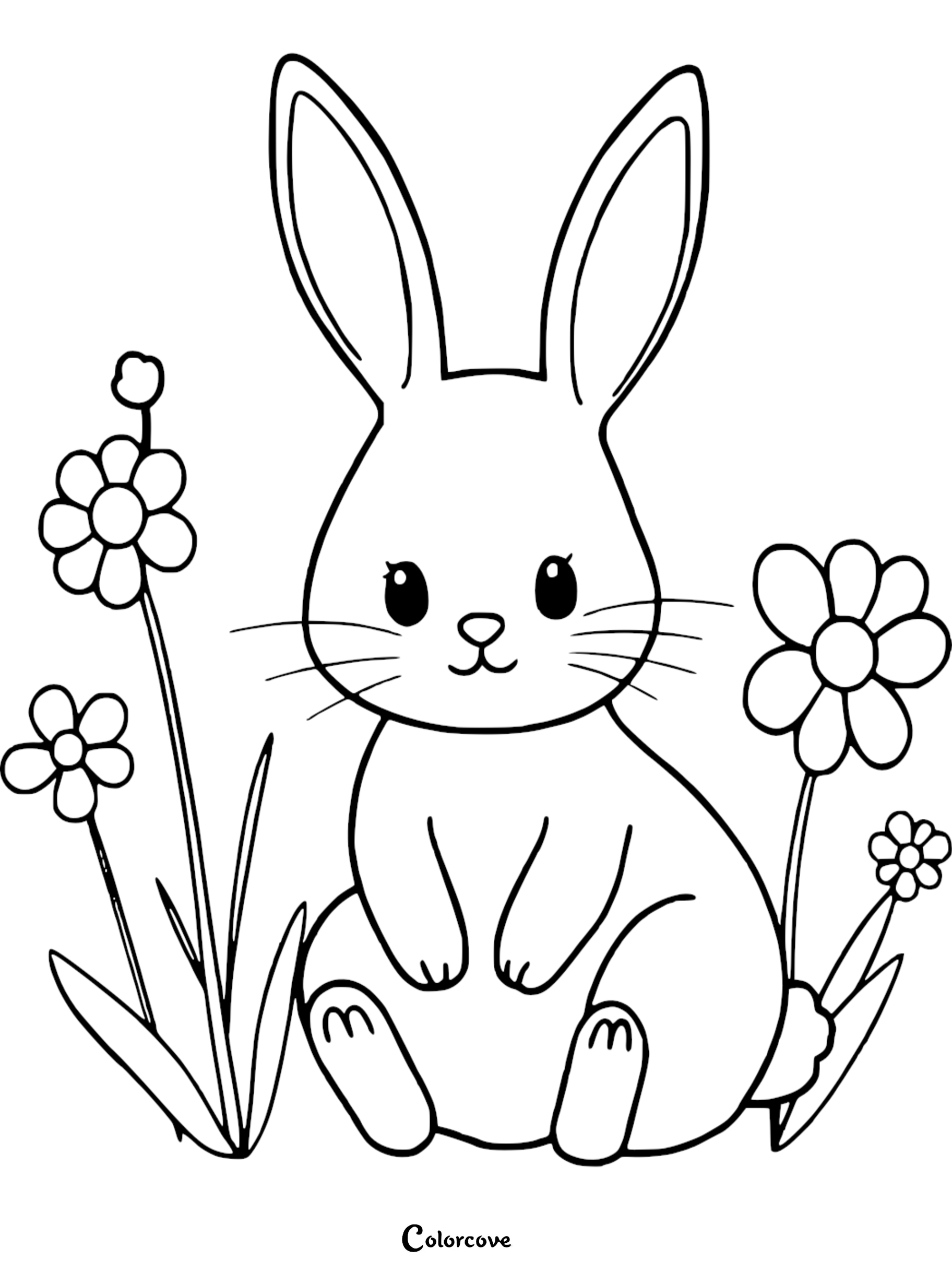 Cute bunny coloring page with flowers, perfect for kids to enjoy and color creatively.