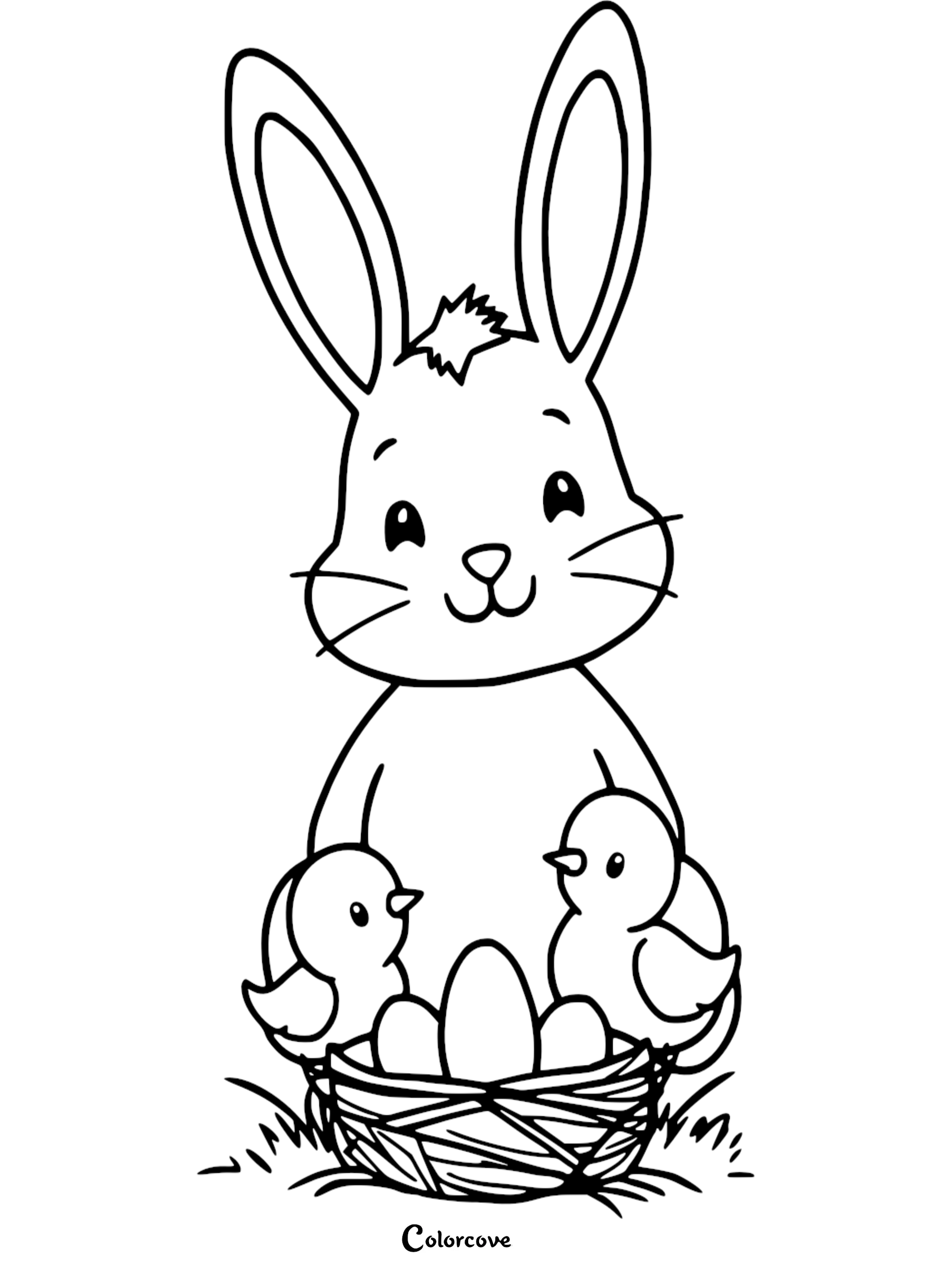 Coloring page of a cute bunny with a basket of eggs and two chicks, perfect for Easter crafts and activities.