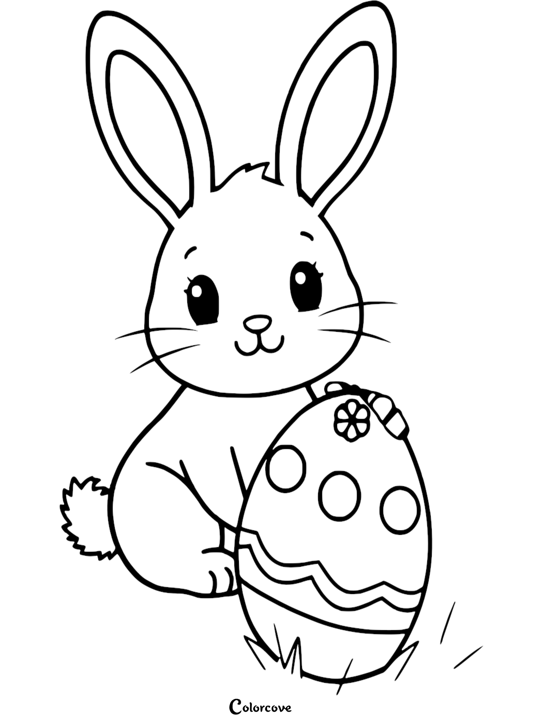 Cute Easter bunny with a decorated egg coloring page for kids. Perfect for holiday-themed coloring fun.