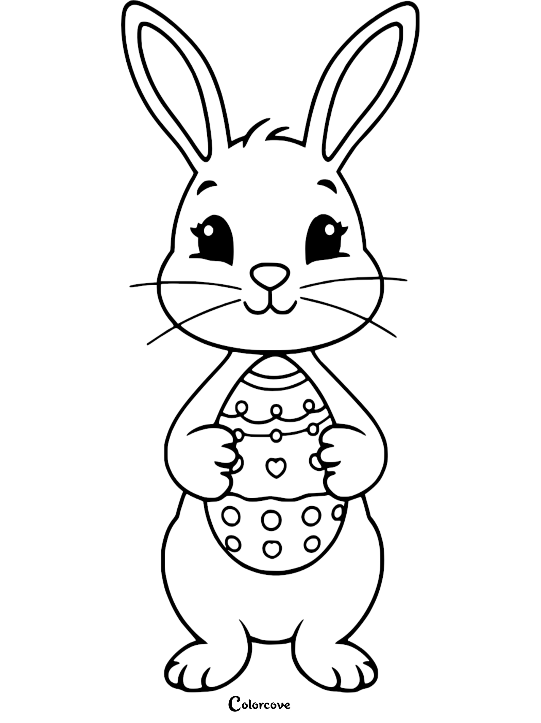 Cute bunny holding decorated egg coloring page for kids. Perfect for Easter activities and creative fun.