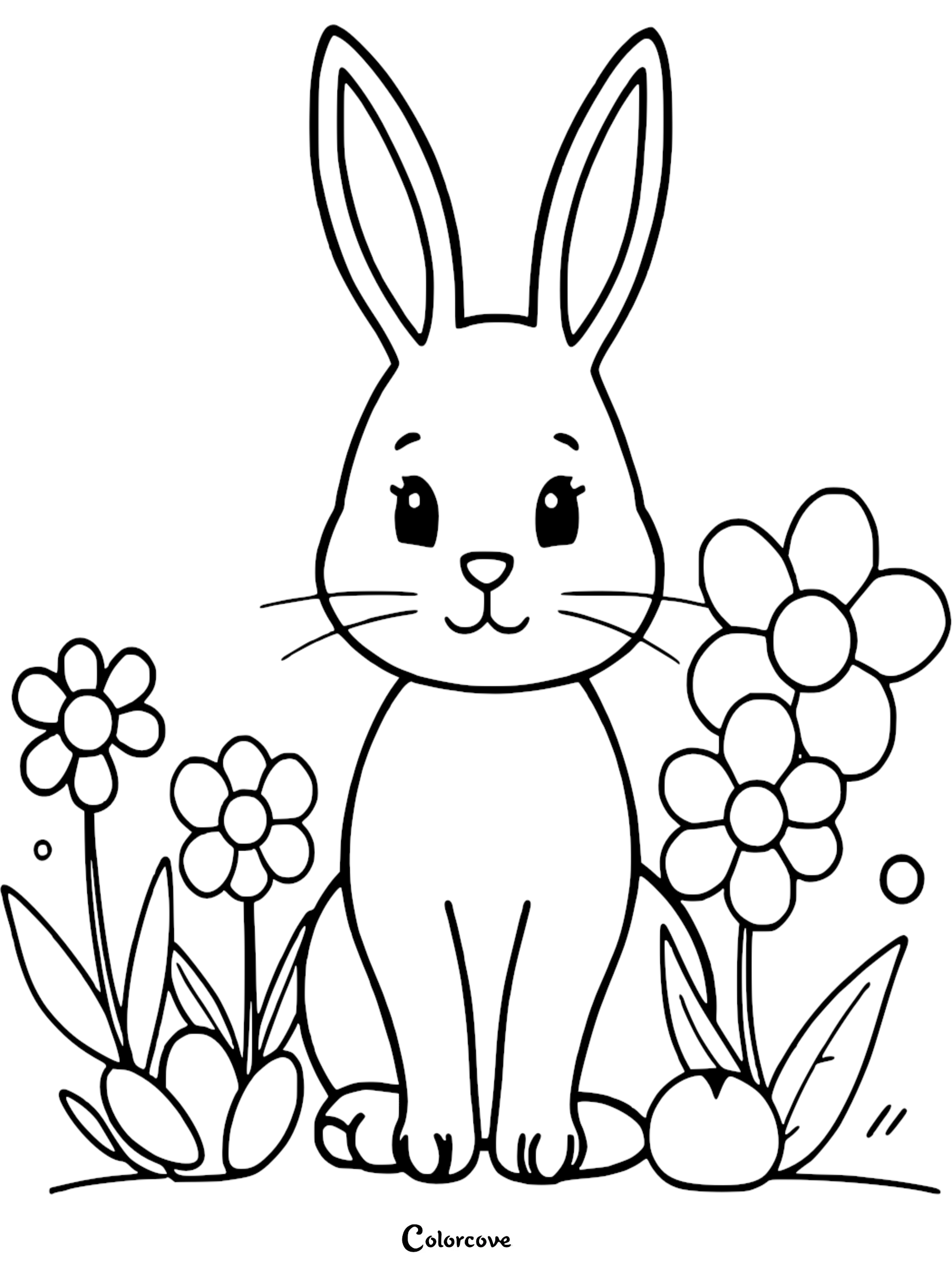 Cute bunny coloring page with flowers, perfect for kids' art activities and printable fun.