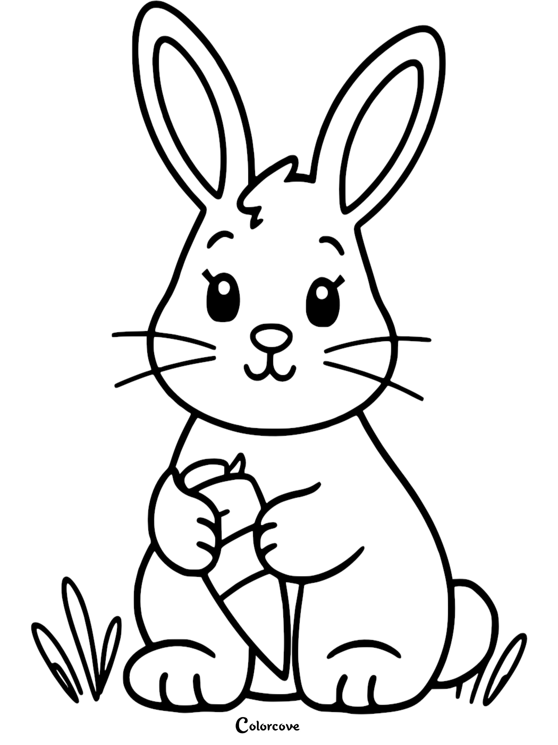Cute bunny holding a carrot coloring page, perfect for kids' creative art and coloring activities.