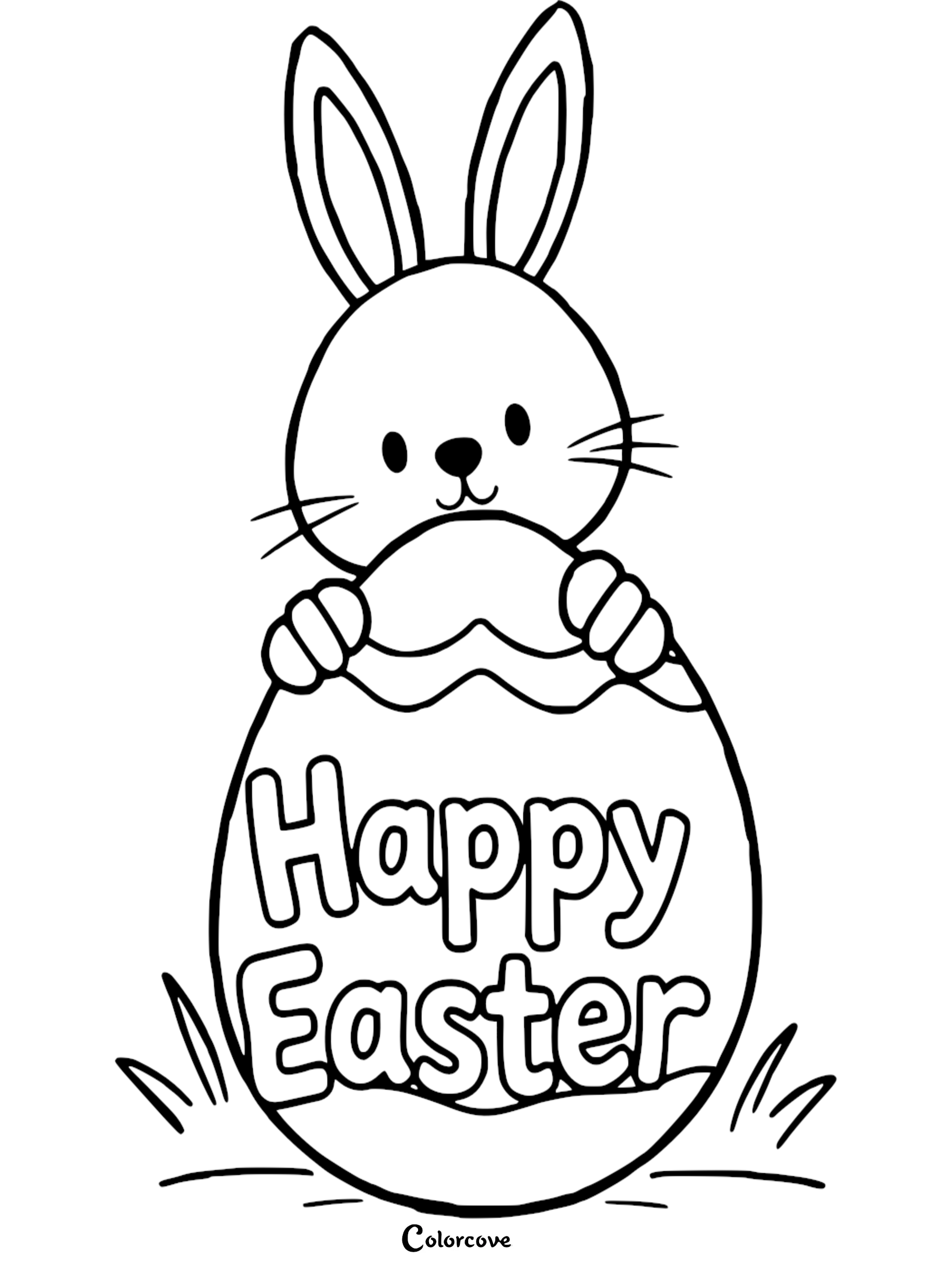 Easter bunny with egg coloring page featuring 'Happy Easter' text for kids to color.