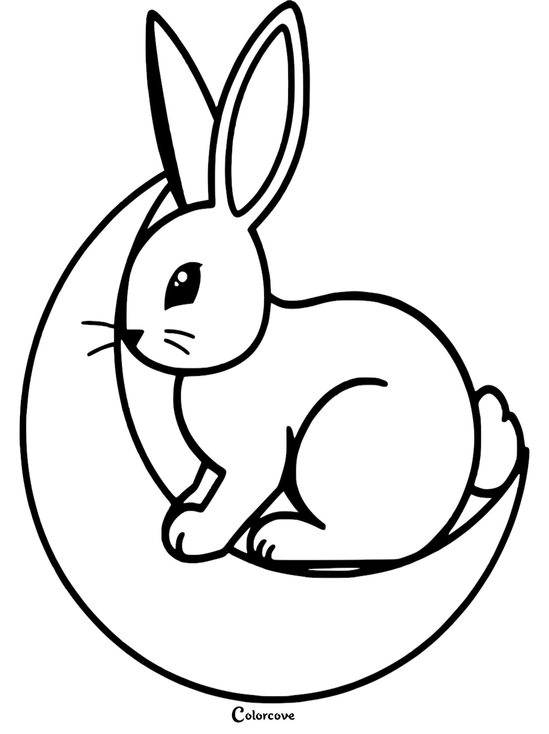Rabbit sitting on a crescent moon coloring page for children. Free printable from colorcove.org.