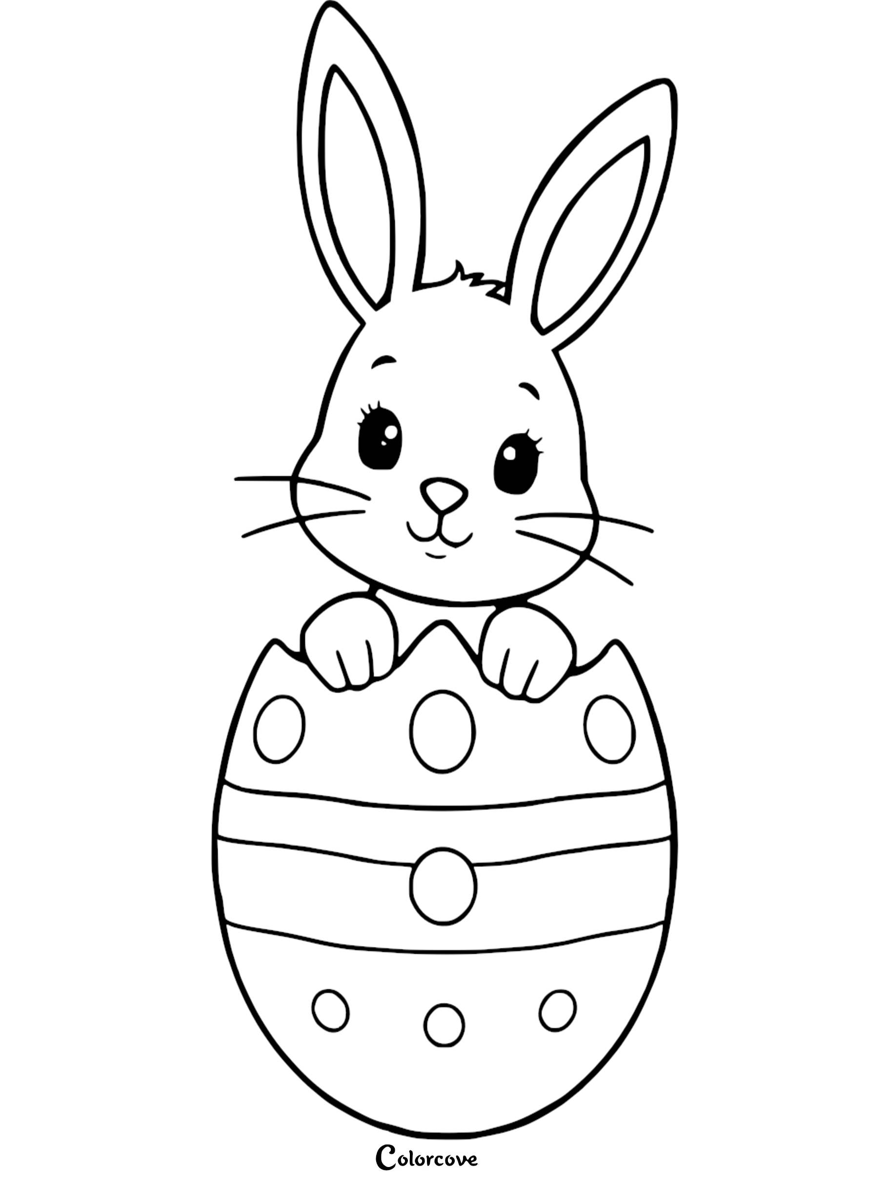 Cute Easter bunny peeking from patterned egg coloring page for kids.