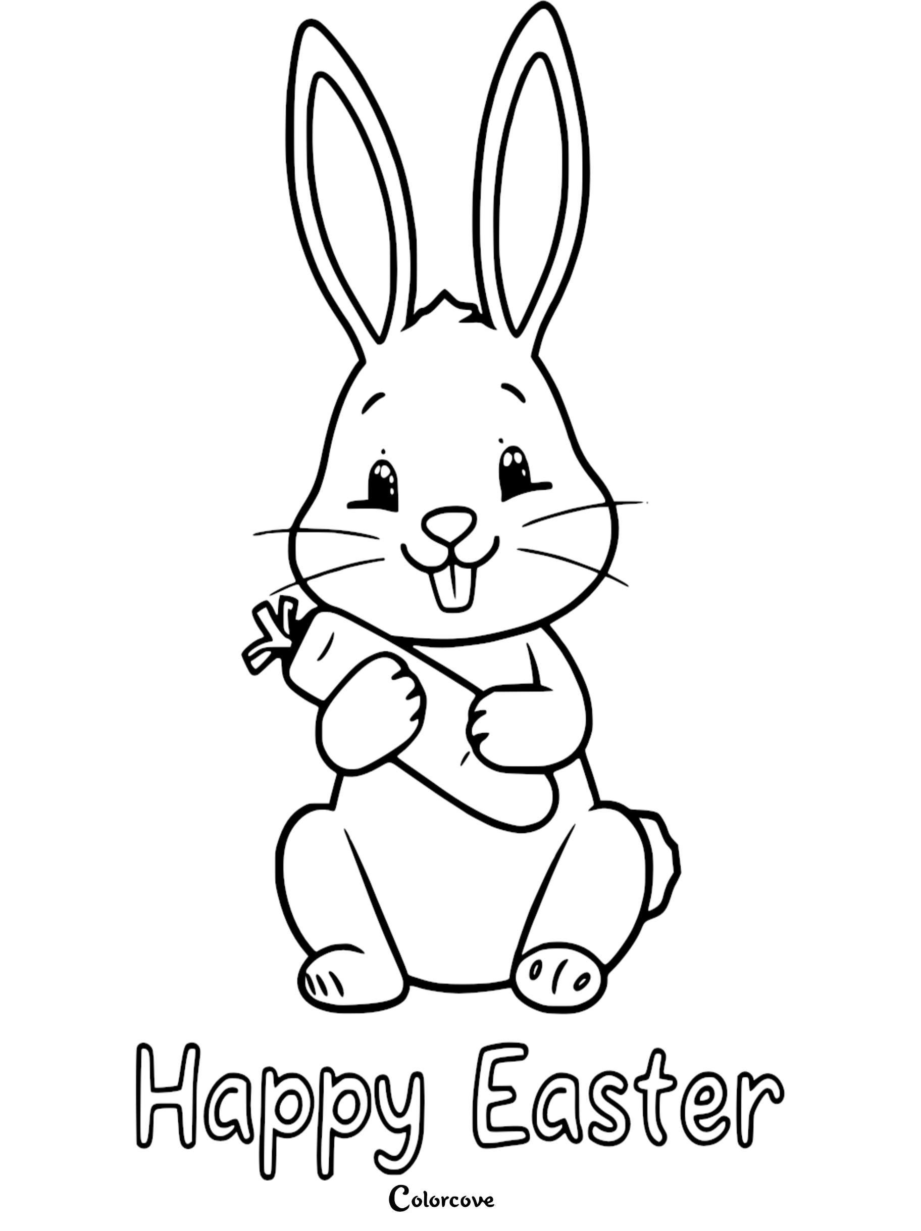 Easter bunny coloring page with rabbit holding a carrot and Happy Easter text for kids.