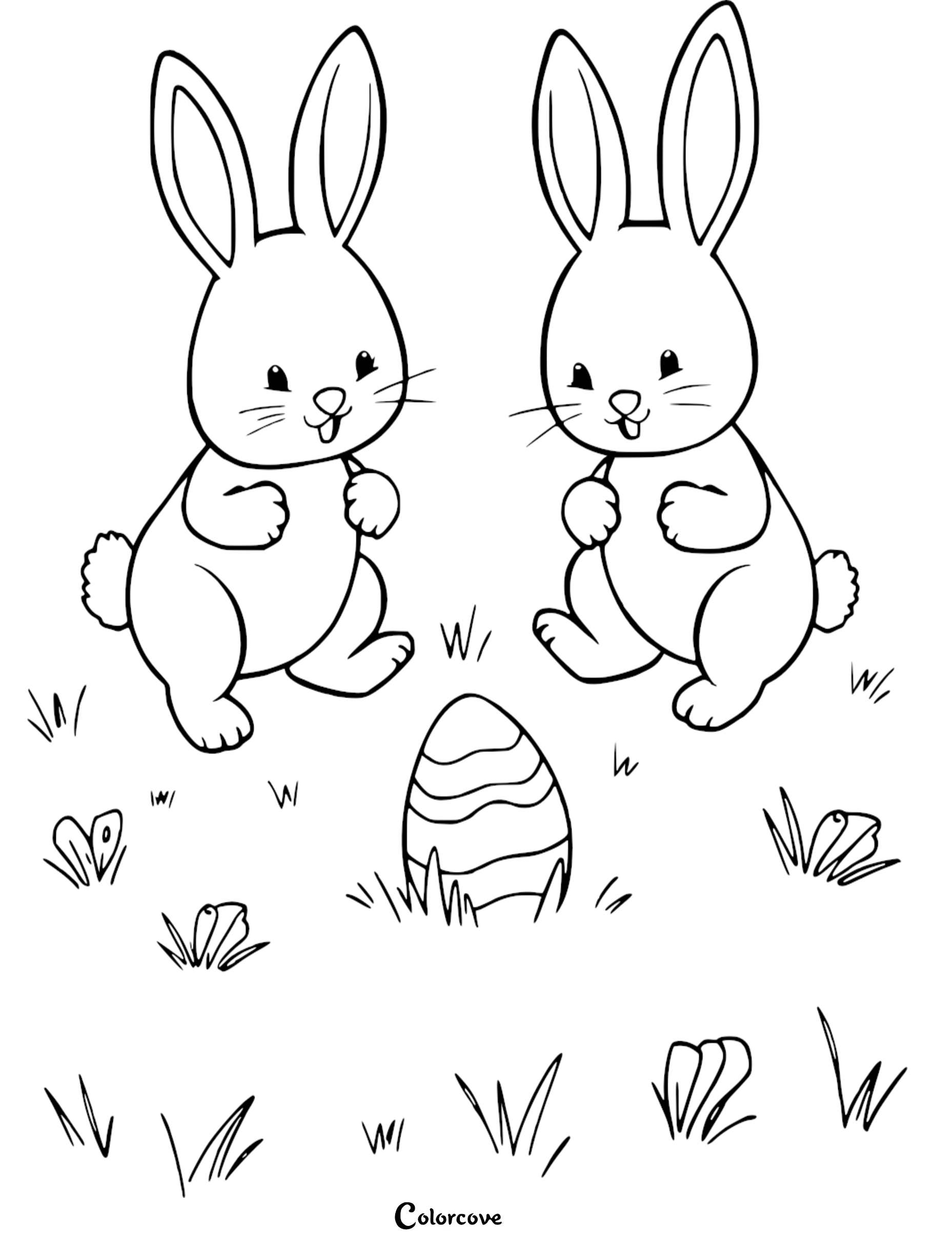 Two bunnies with an Easter egg in grass, perfect for a fun coloring activity page for kids.