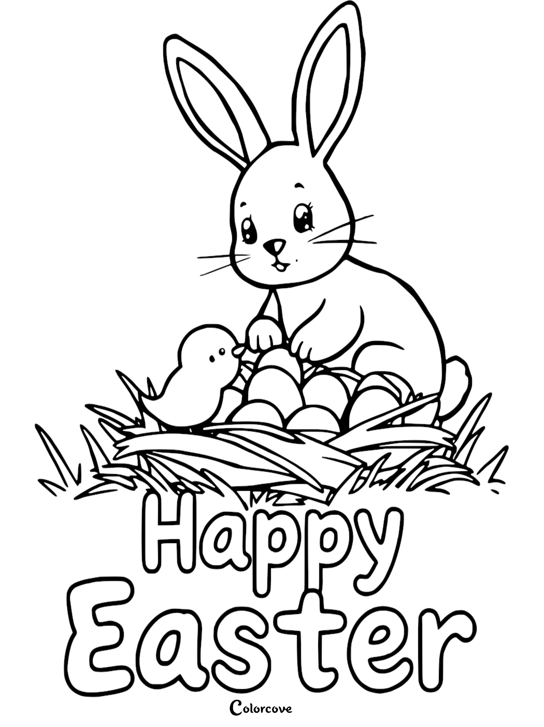 Cute Easter bunny and chick with eggs coloring page. Perfect for kids' festive fun and creativity.