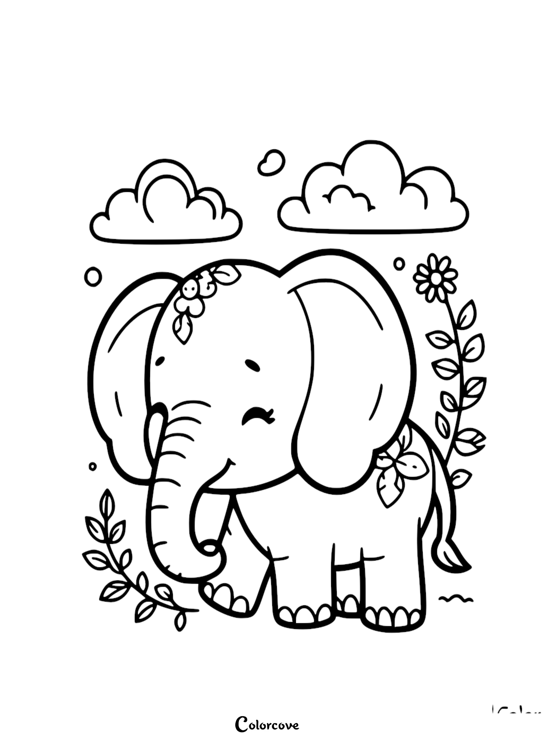A cute elephant with a flower on its head standing near a tall flower stalk under fluffy clouds in this printable coloring page.